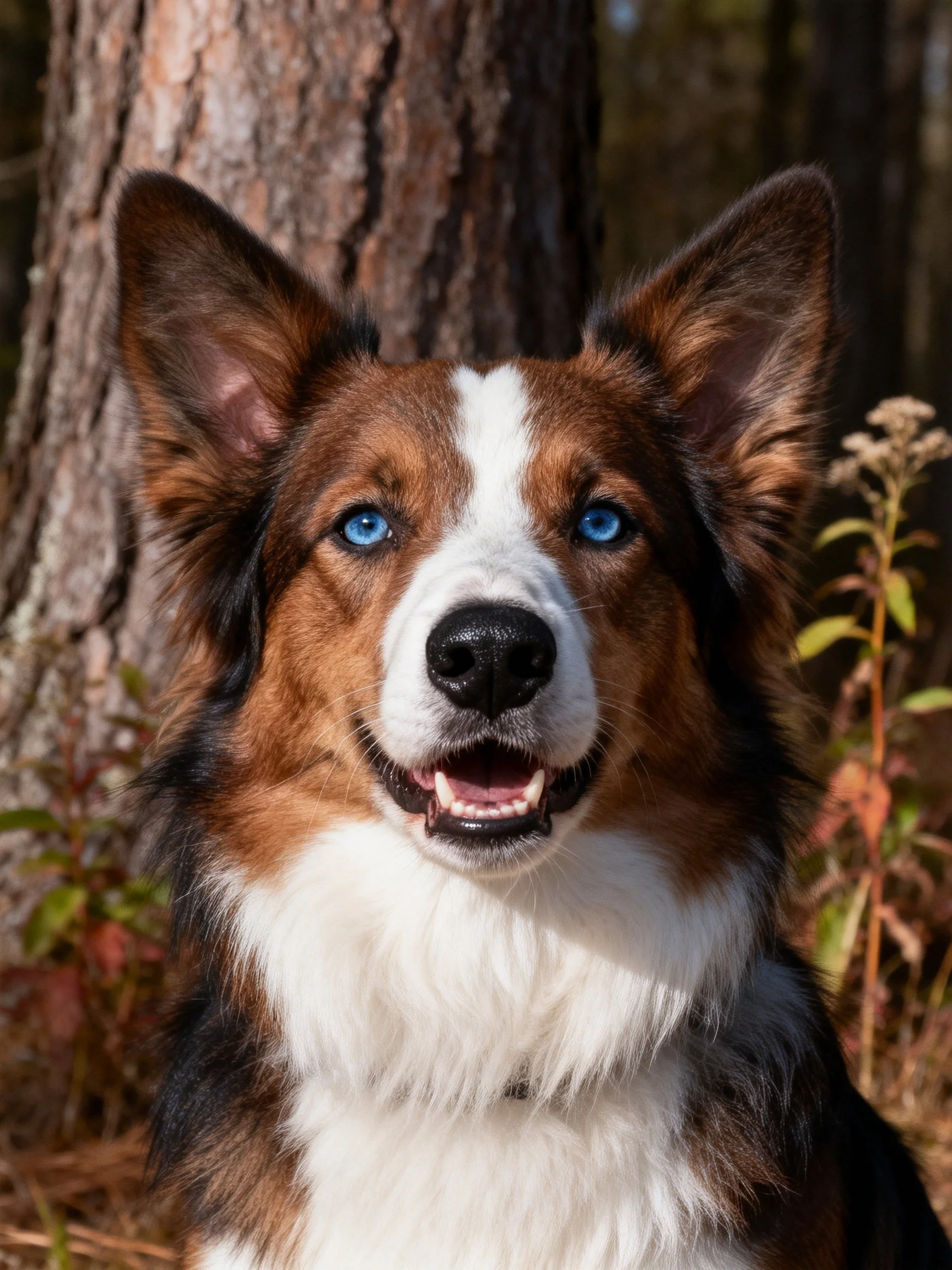 A tricolor dog with blue eyes stands beside a tree in a wooded area.
