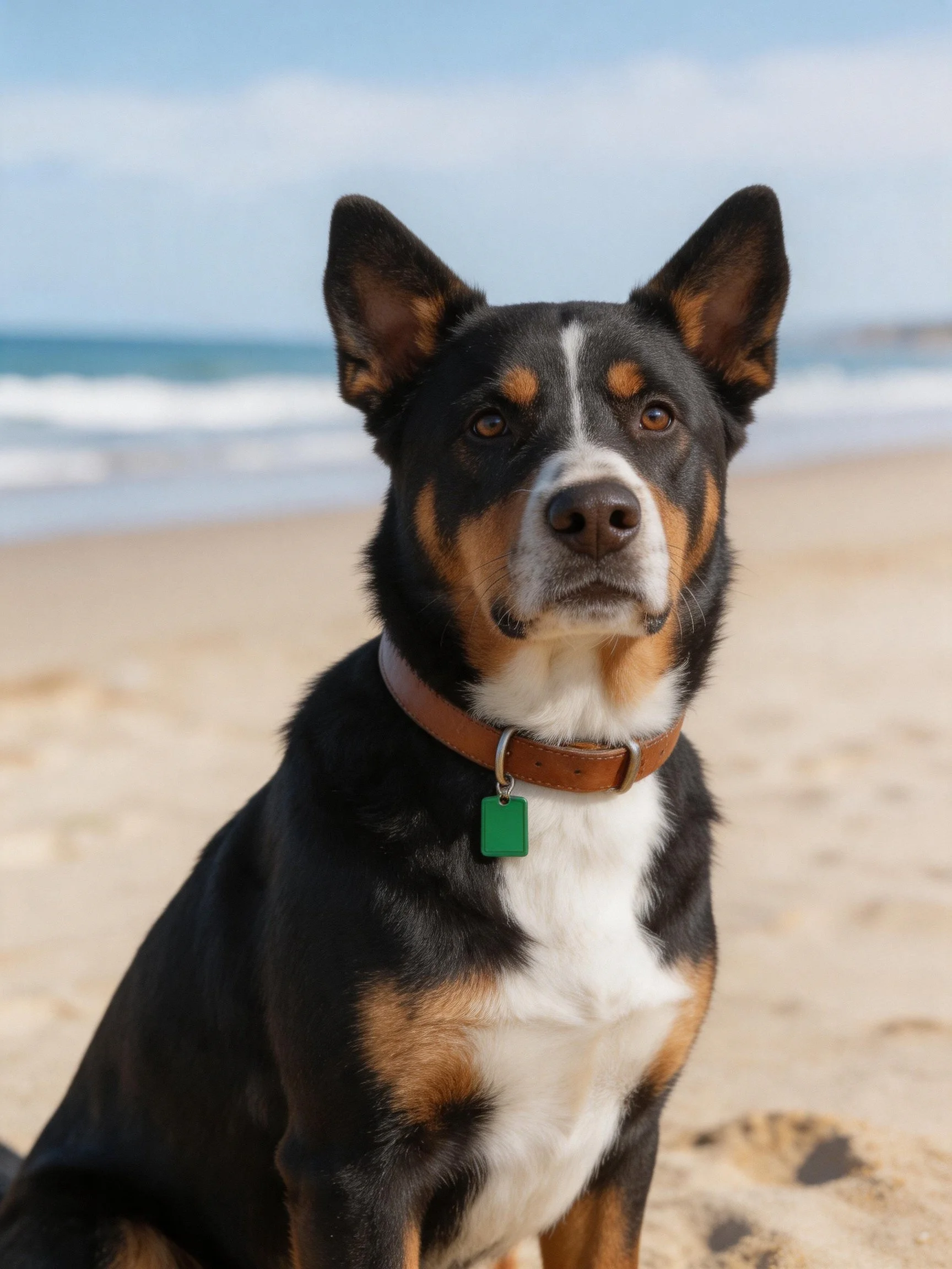 A tricolor dog sits calmly on a sandy beach with ocean waves in the background.