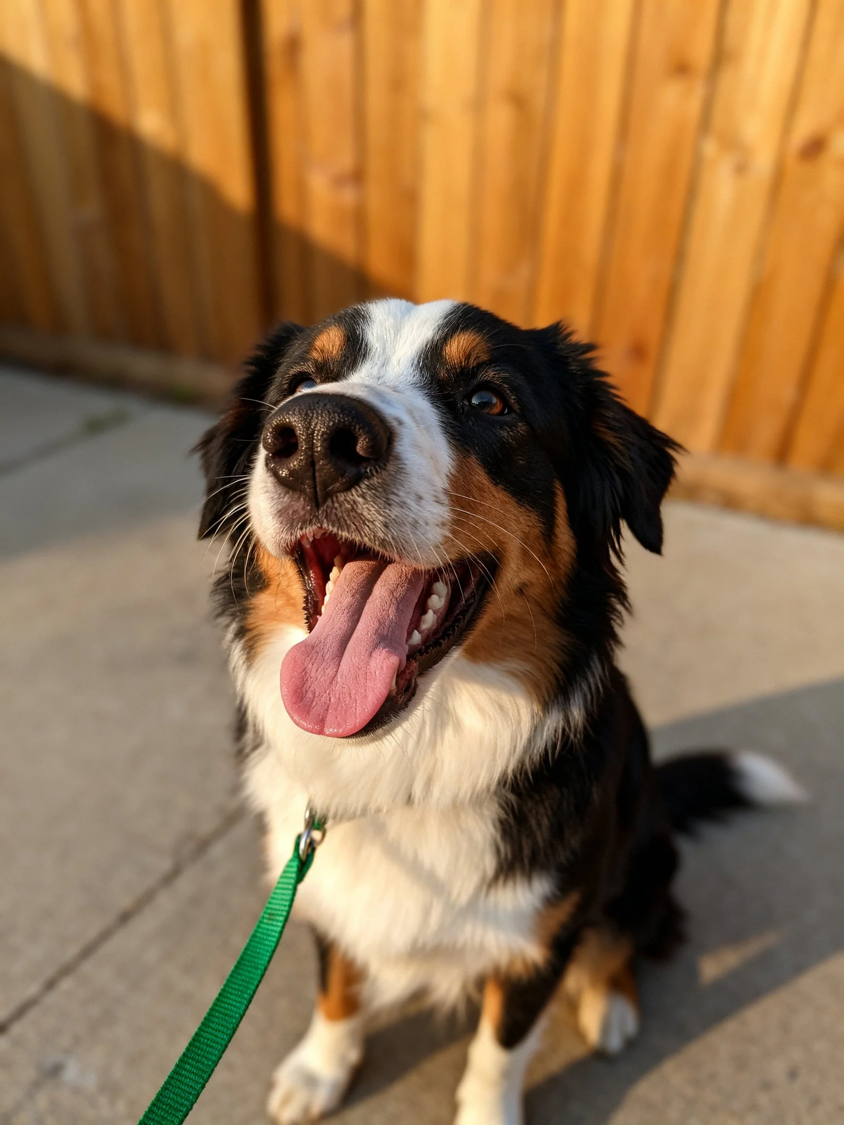 Tricolor dog with green leash on pavement by wooden fence
