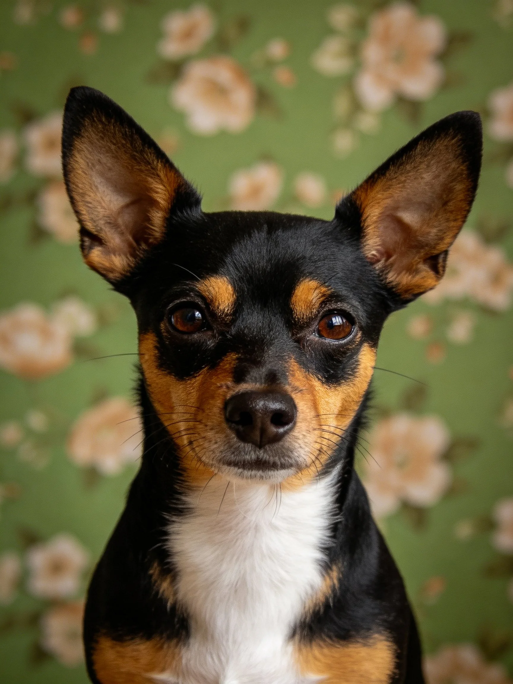 Small tricolor dog with large ears positioned before a green floral wall.