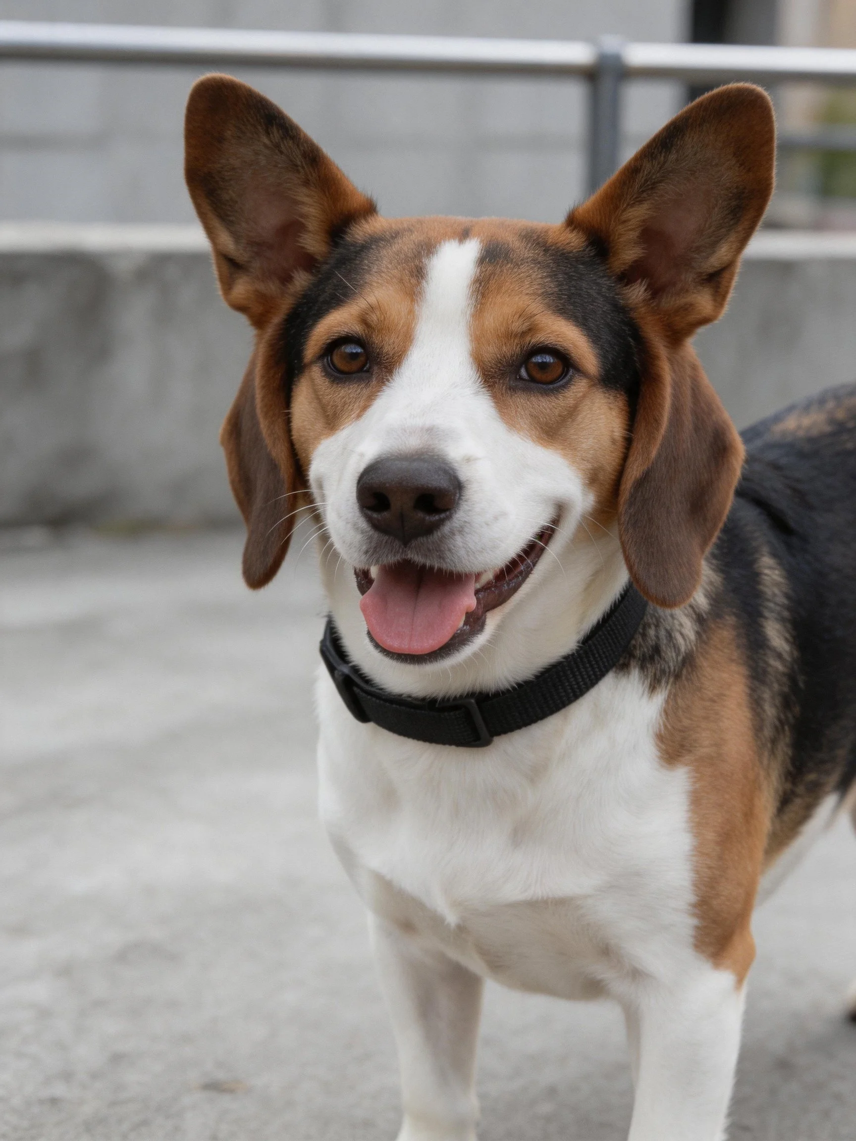 Tricolor dog with large ears, black collar, standing outdoors