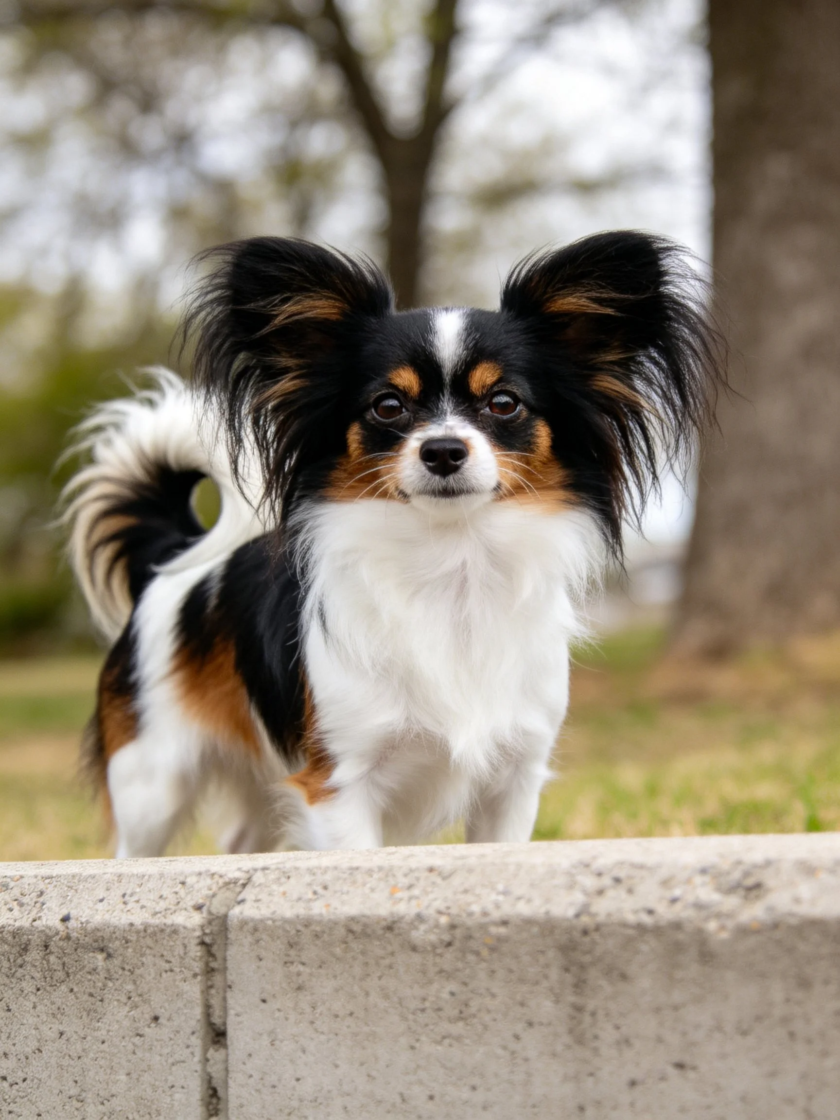A tricolor dog with large ears stands near a concrete barrier outdoors.