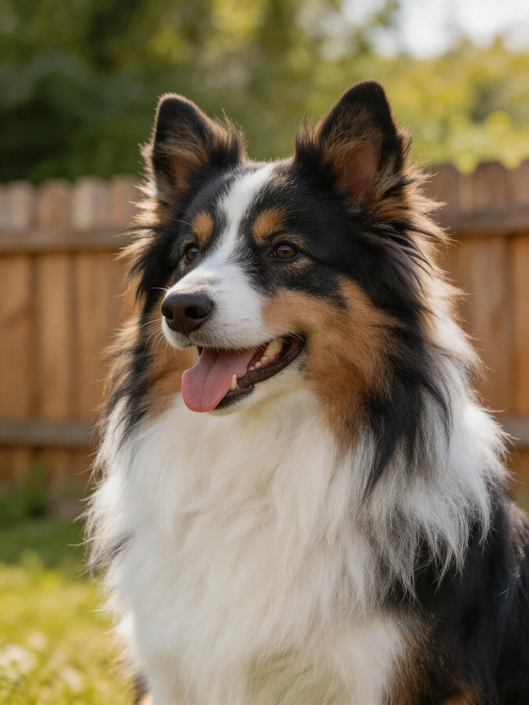 A tricolor dog relaxes outdoors beside a wooden fence.