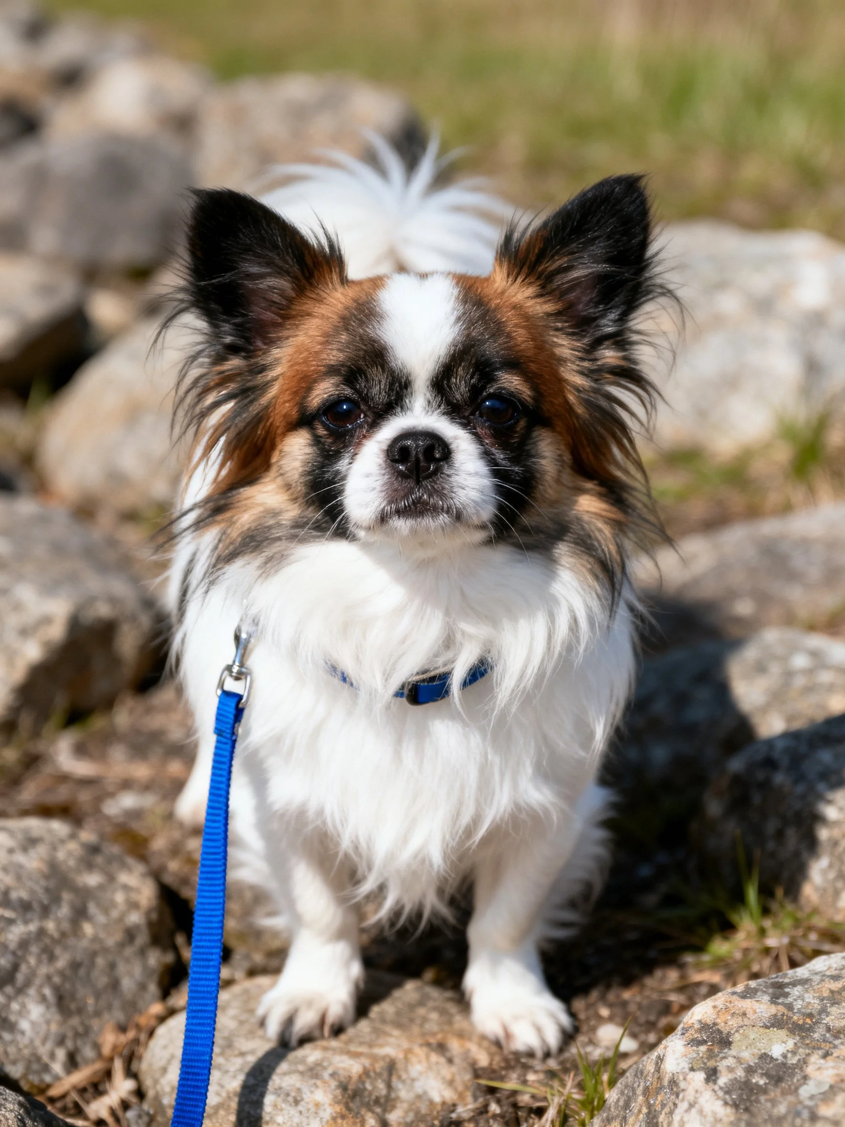 A tricolor dog with long fur rests on outdoor rocks.