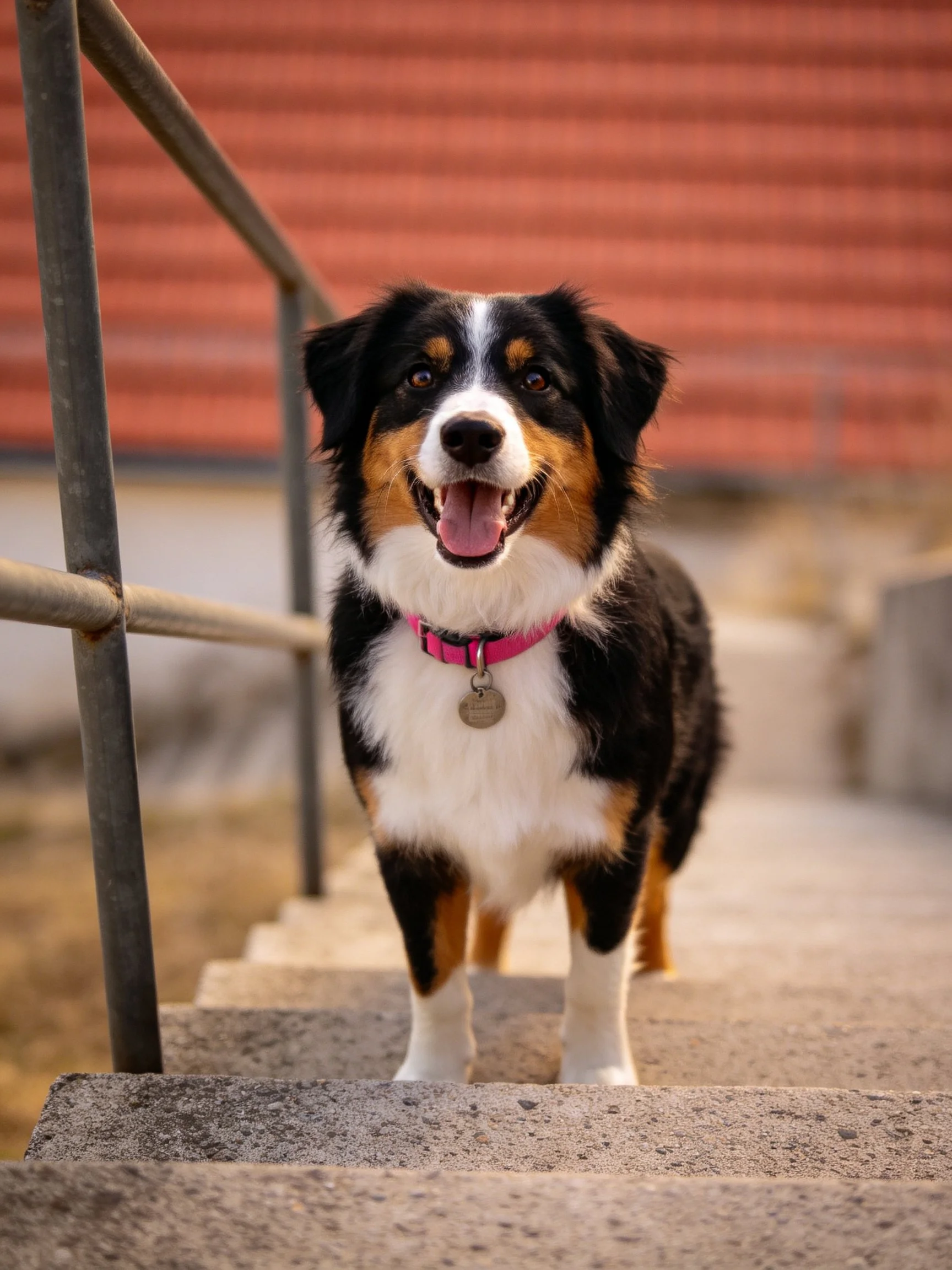 Tricolor dog with pink collar on concrete steps near metal railings
