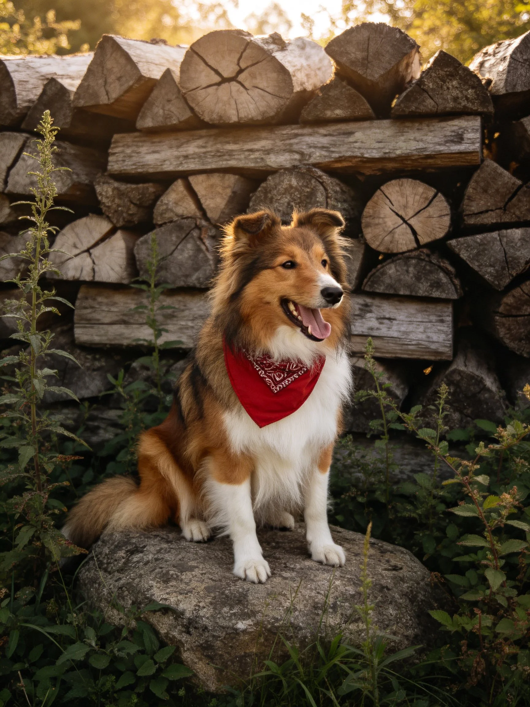 Tricolor dog with red bandana sits on rock near stacked logs
