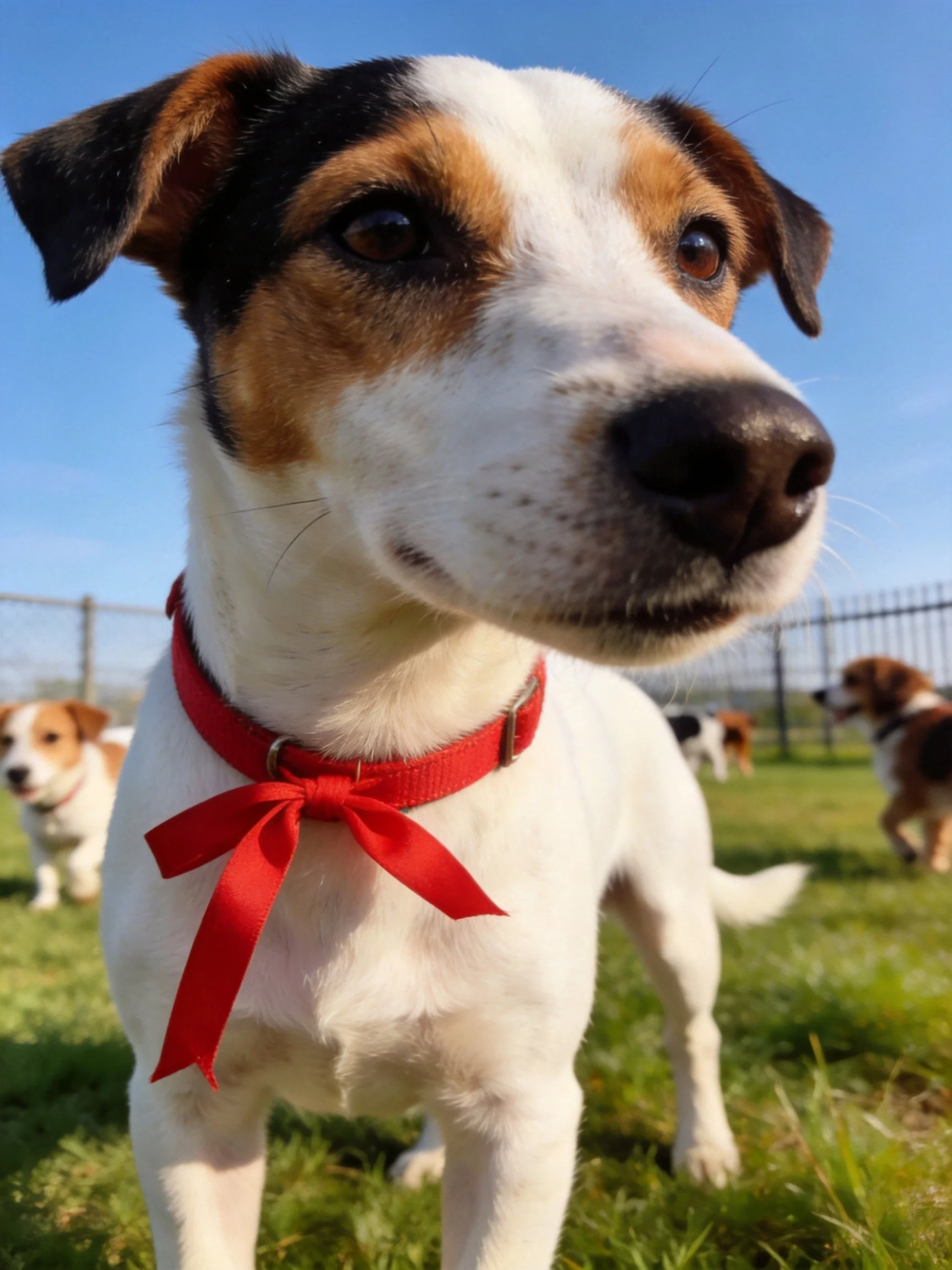 A tricolor dog with a red collar stands among other dogs in an outdoor grassy space.