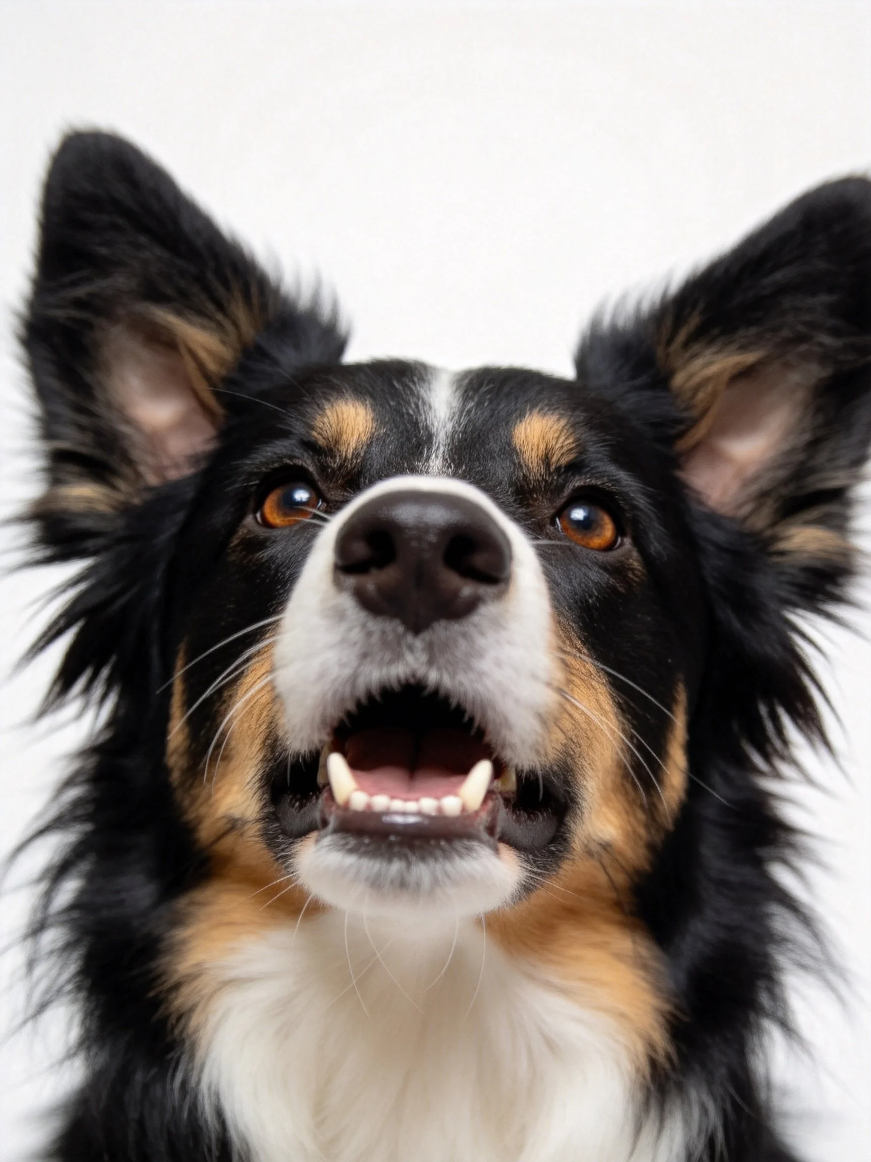 Tricolor dog with upright ears and open mouth