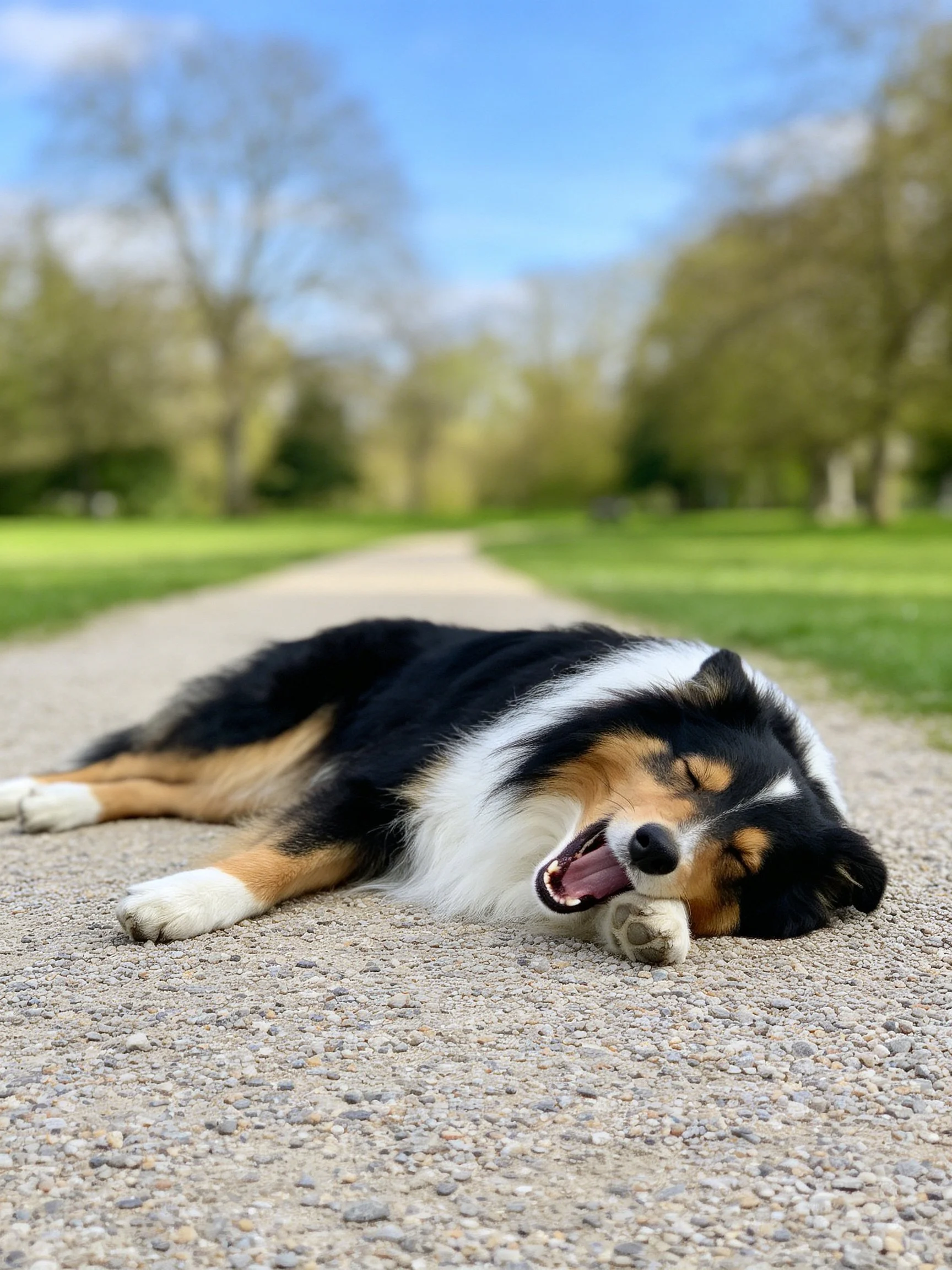 Tricolor dog yawning on a gravel pathway in a sunny park