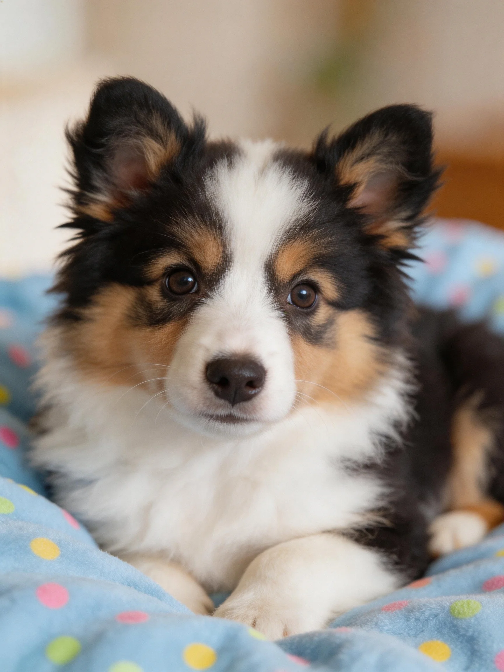 A tricolor puppy rests on a blue polka - dotted fabric.