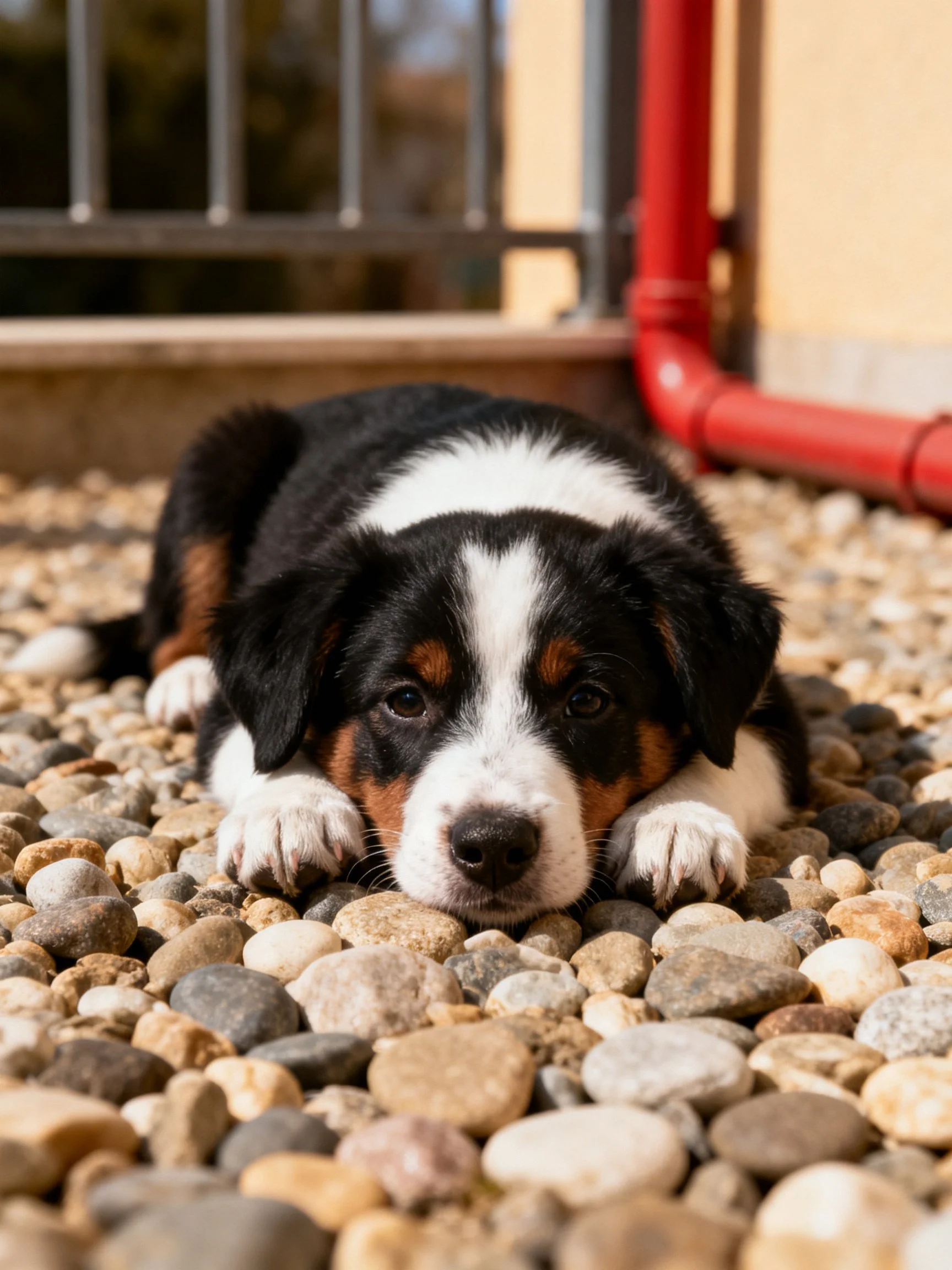 A tricolor puppy lies on pebbles outside near a building structure.