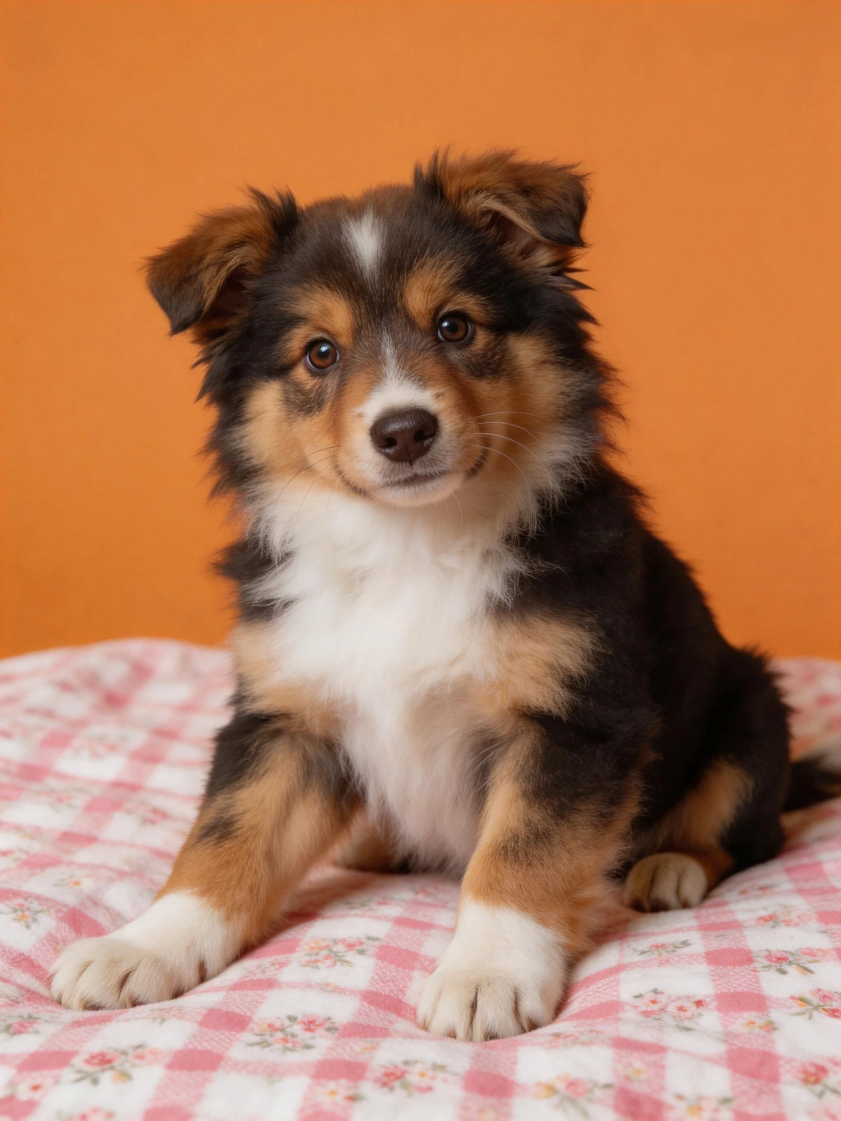 A tricolor puppy sits calmly on a pink checkered blanket with an orange background.