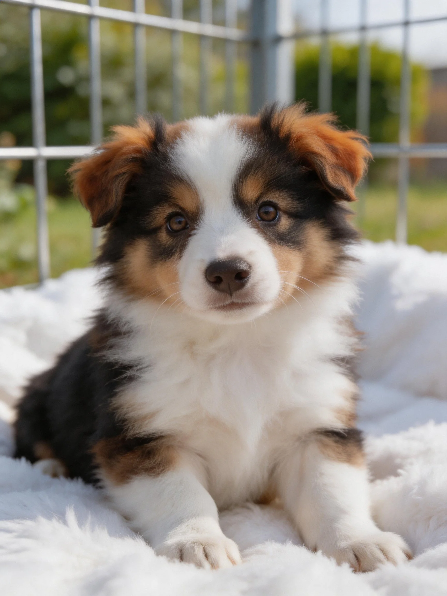 Tricolor puppy resting on plush white blanket near metal fence