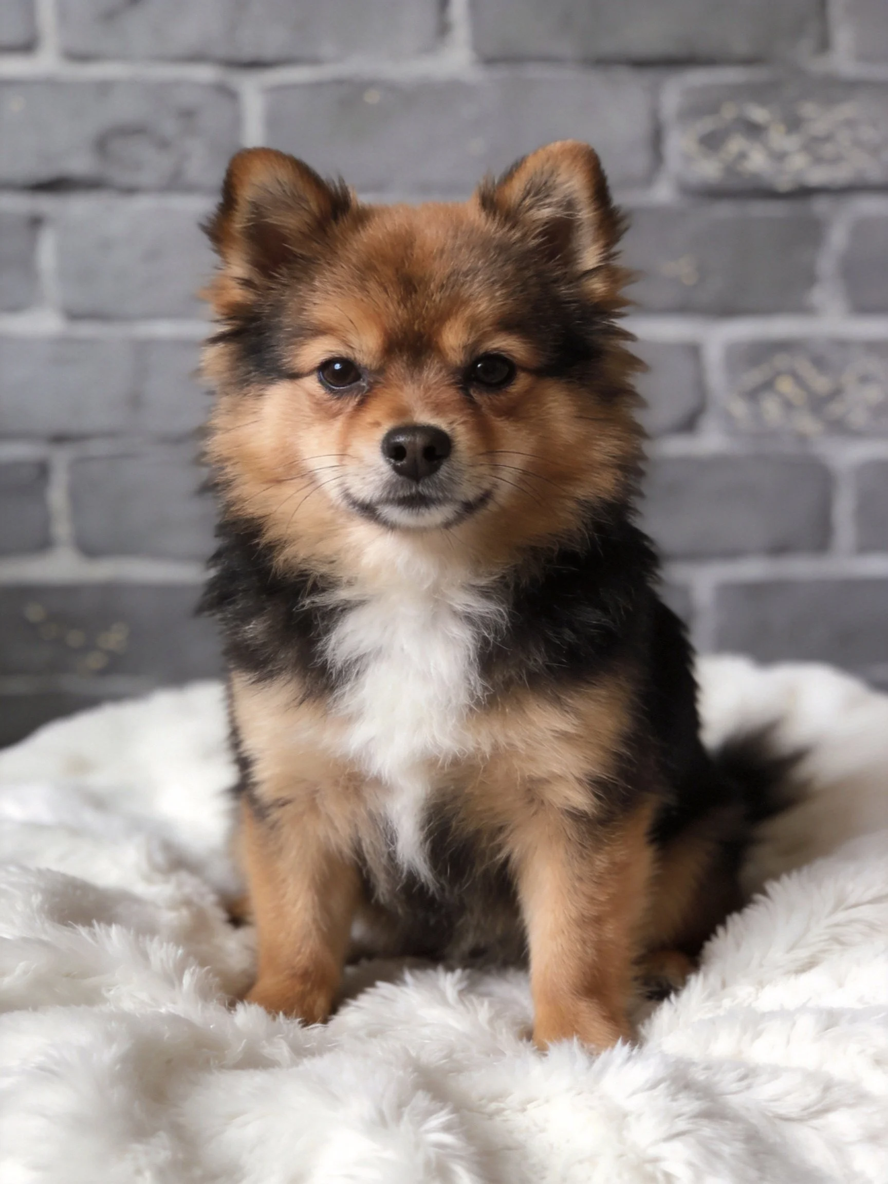 A tricolor puppy sits on a white blanket next to a gray brick wall.