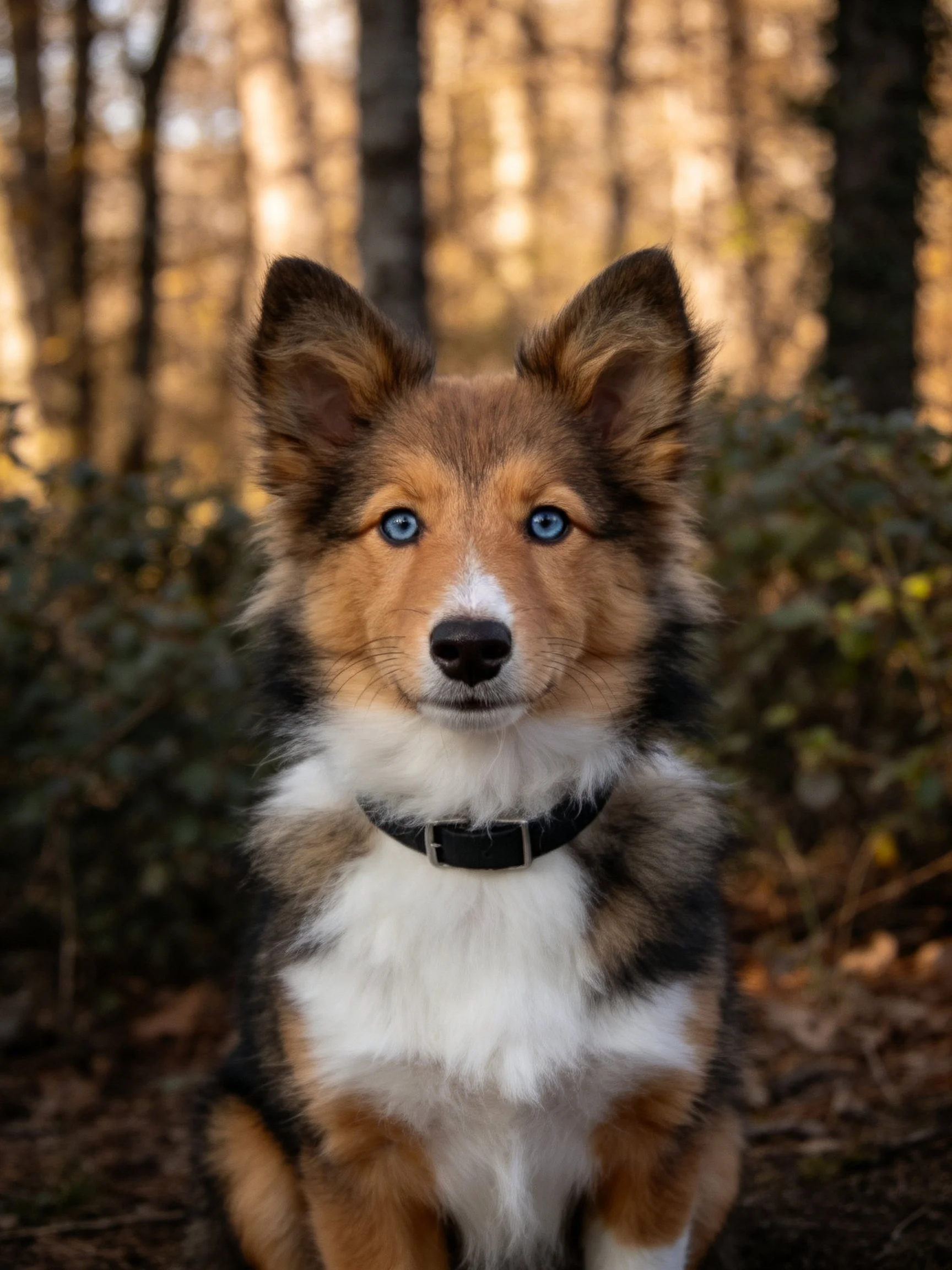 Tricolor puppy with bright blue eyes in a forested woodland