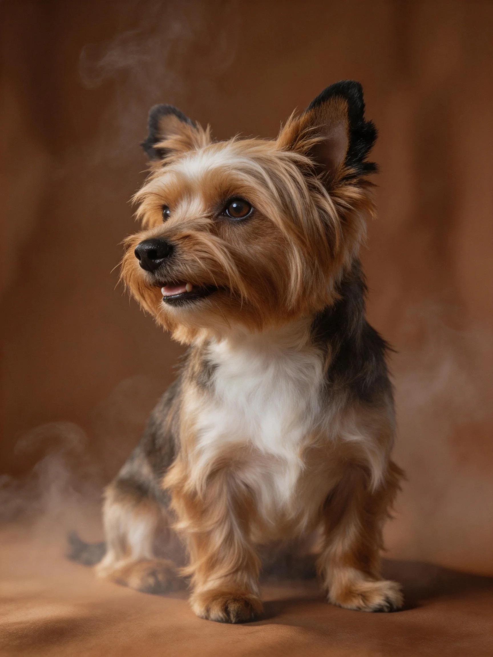 A tricolor small dog sits calmly in a warmly lit, smoky brown environment.