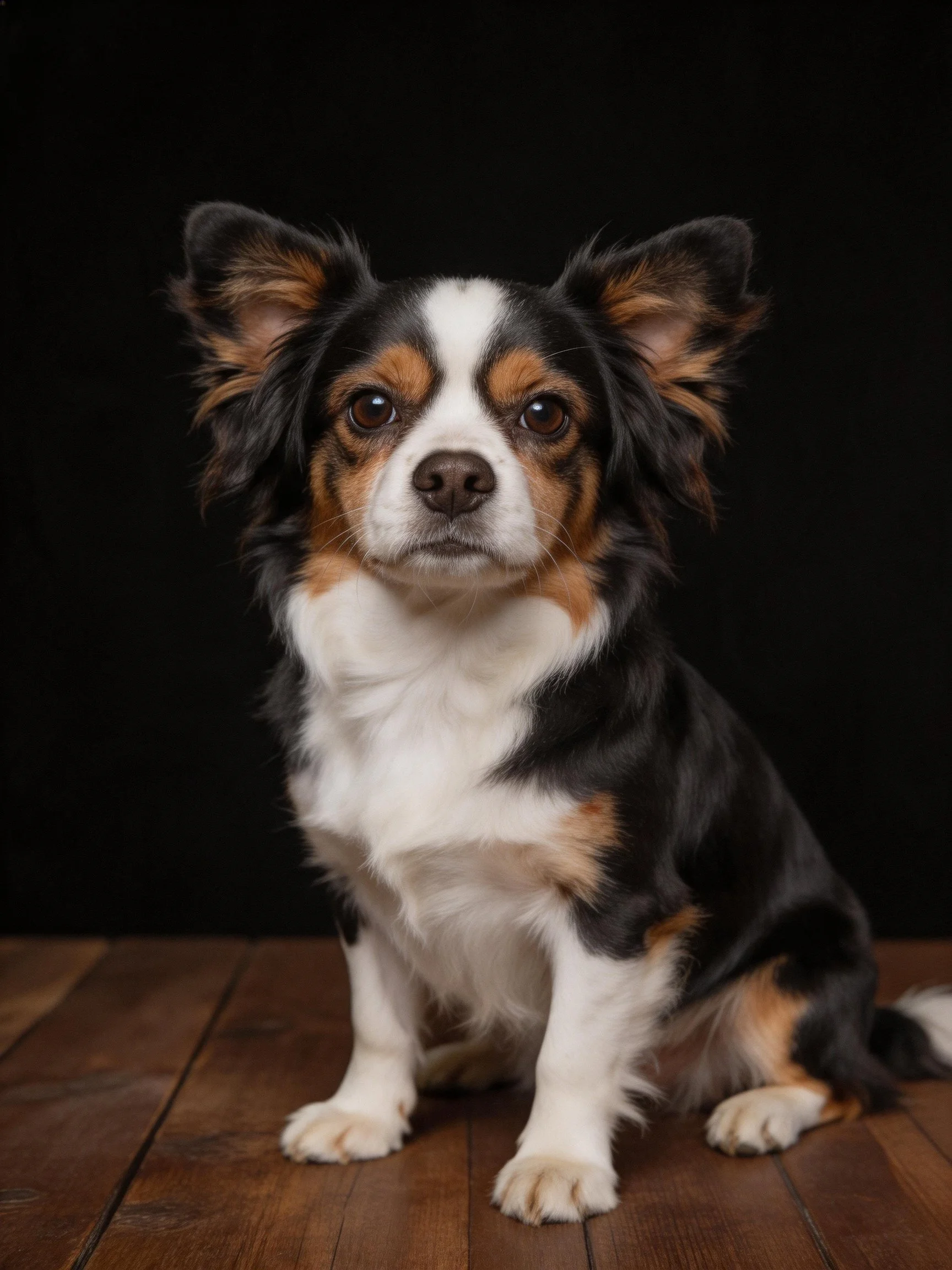 A tricolor small dog sits on a wooden floor with a dark backdrop.