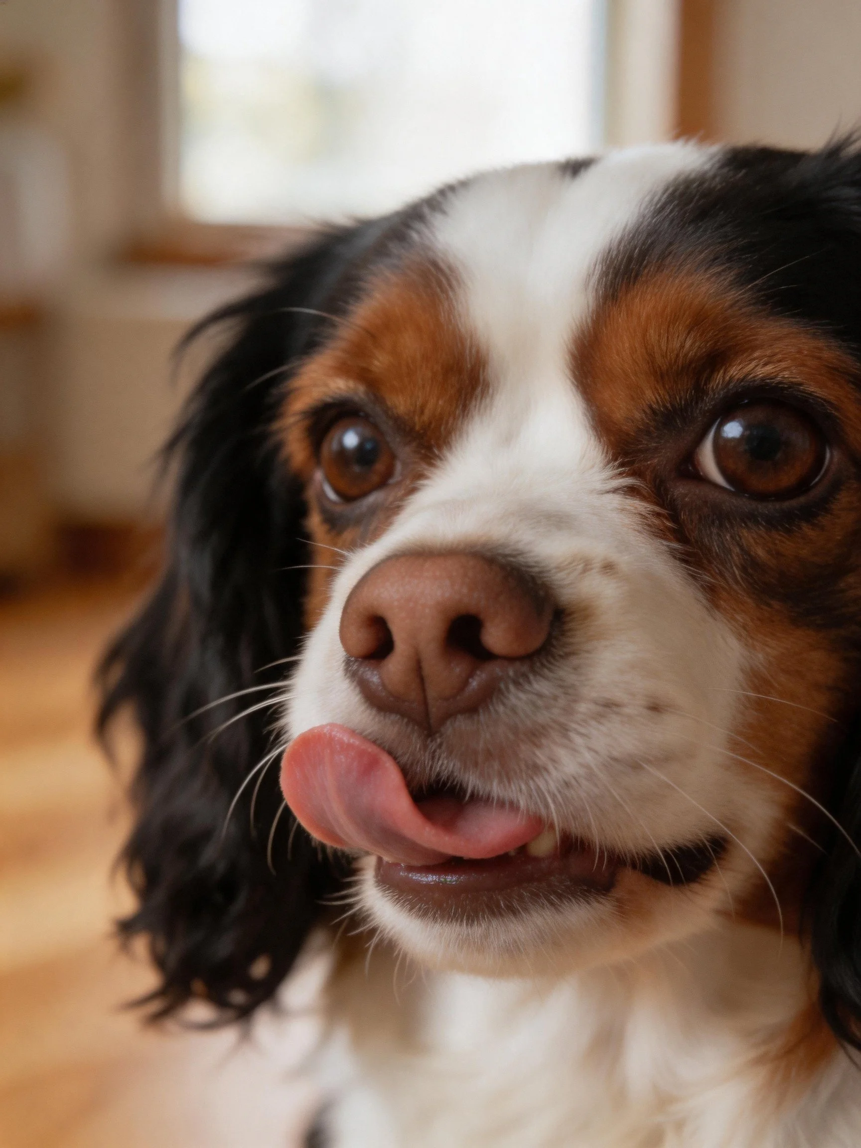 A tricolor spaniel licks its mouth in a softly lit indoor environment.
