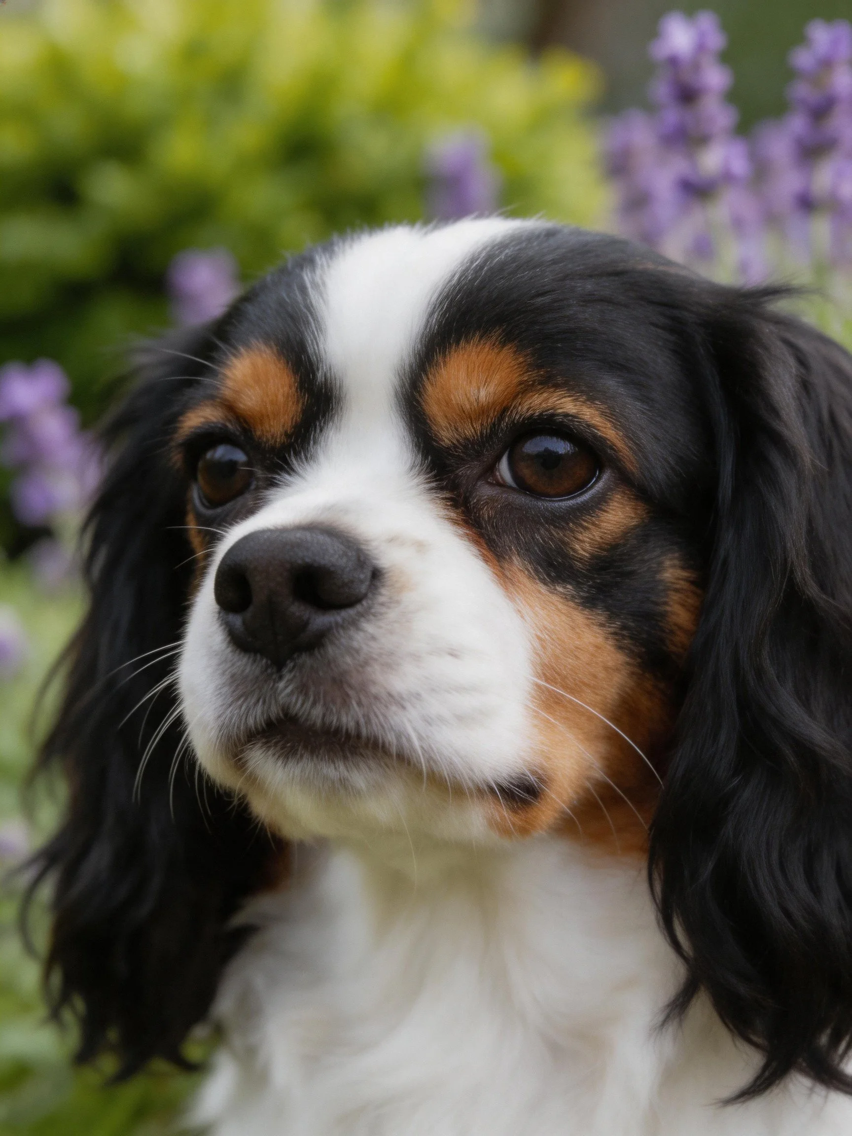 Tricolor spaniel with long ears near lavender and green foliage