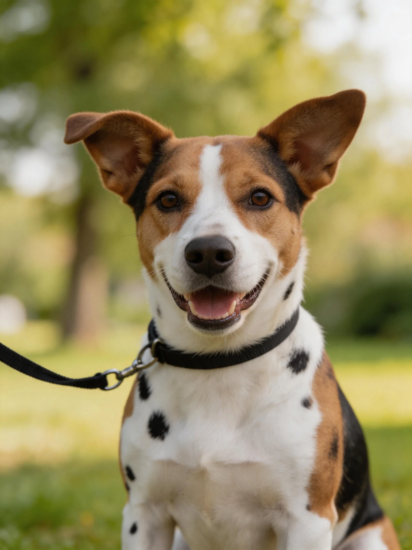 Tricolor spotted dog with upright ears on a leash in a park