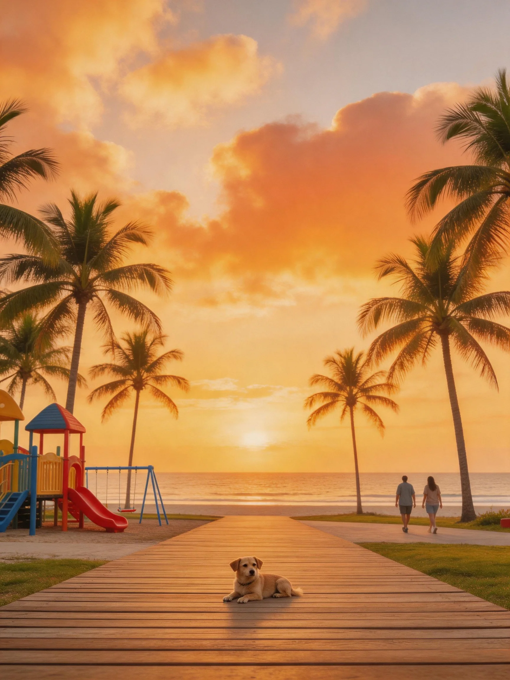 Tropical beach sunset with palm trees, colorful playground, and resting dog