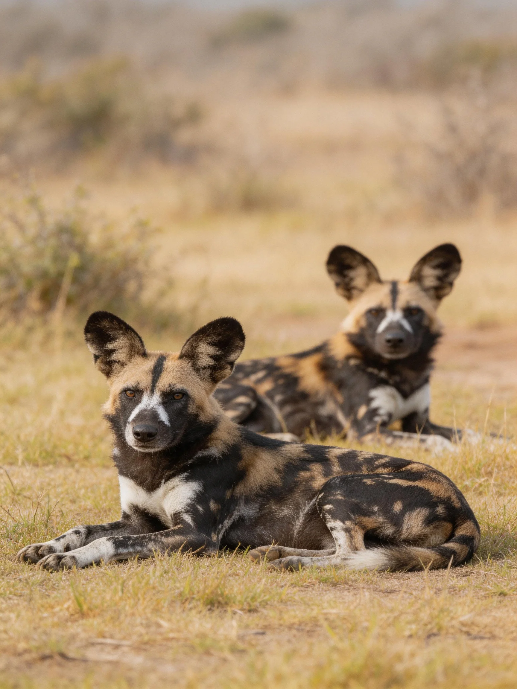Two African wild dogs rest calmly in the savannah landscape.