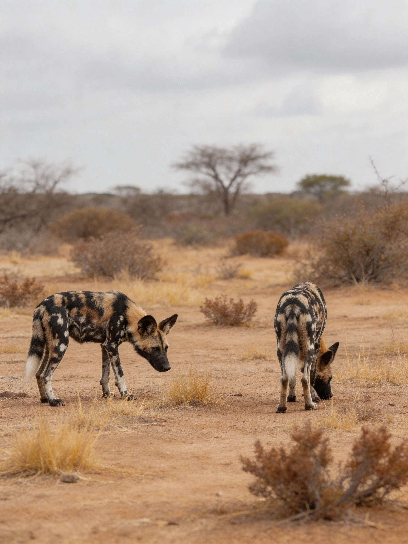 Two African wild dogs search for food in a dry savannah setting.