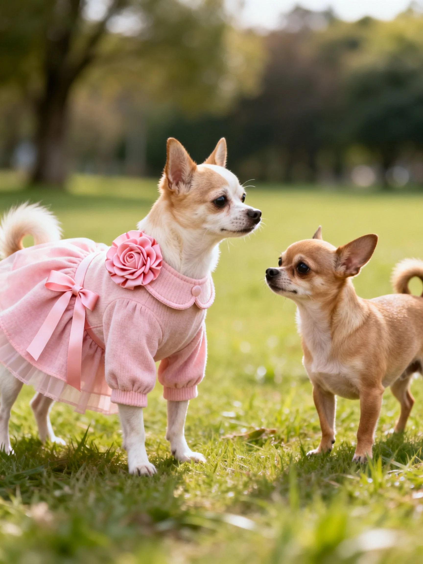 Two Chihuahuas, one in a pink floral dress, on a grassy field