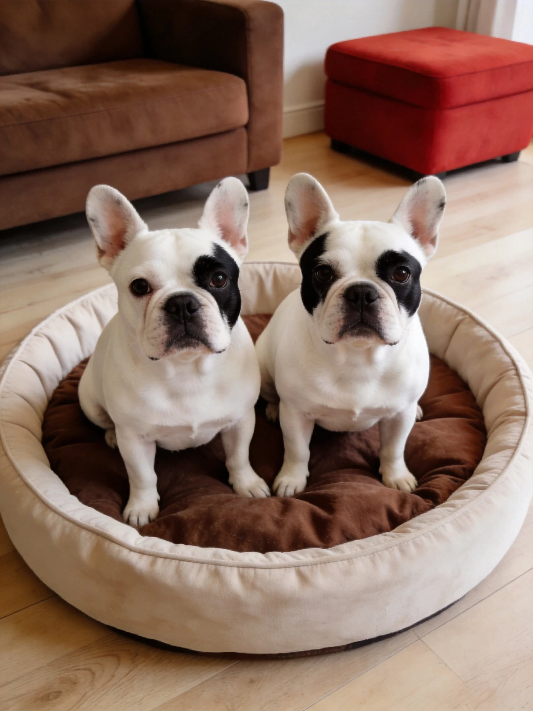 Two French Bulldogs sit together in a cozy indoor environment.