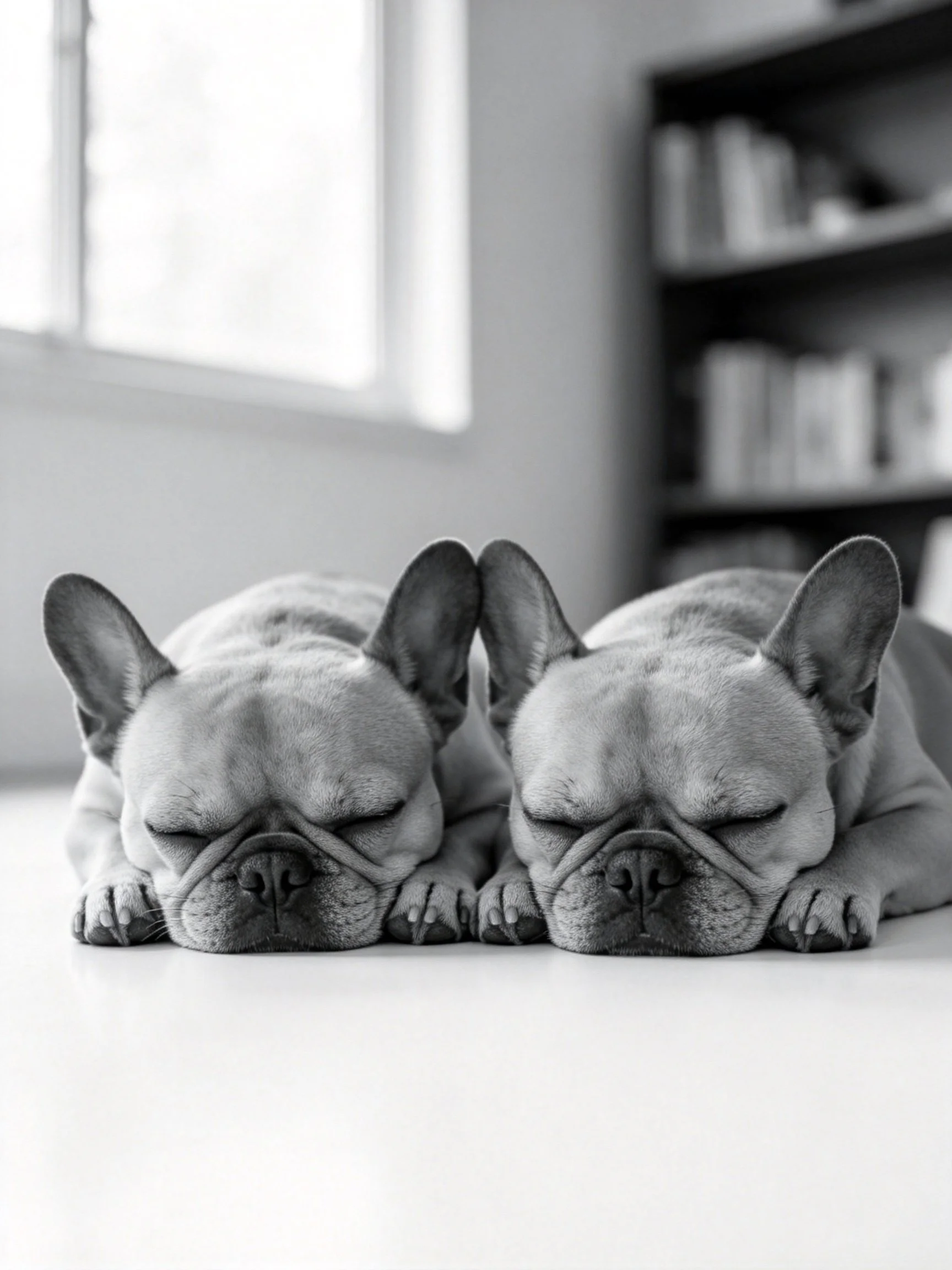 Two French Bulldogs sleeping side by side in a monochrome room