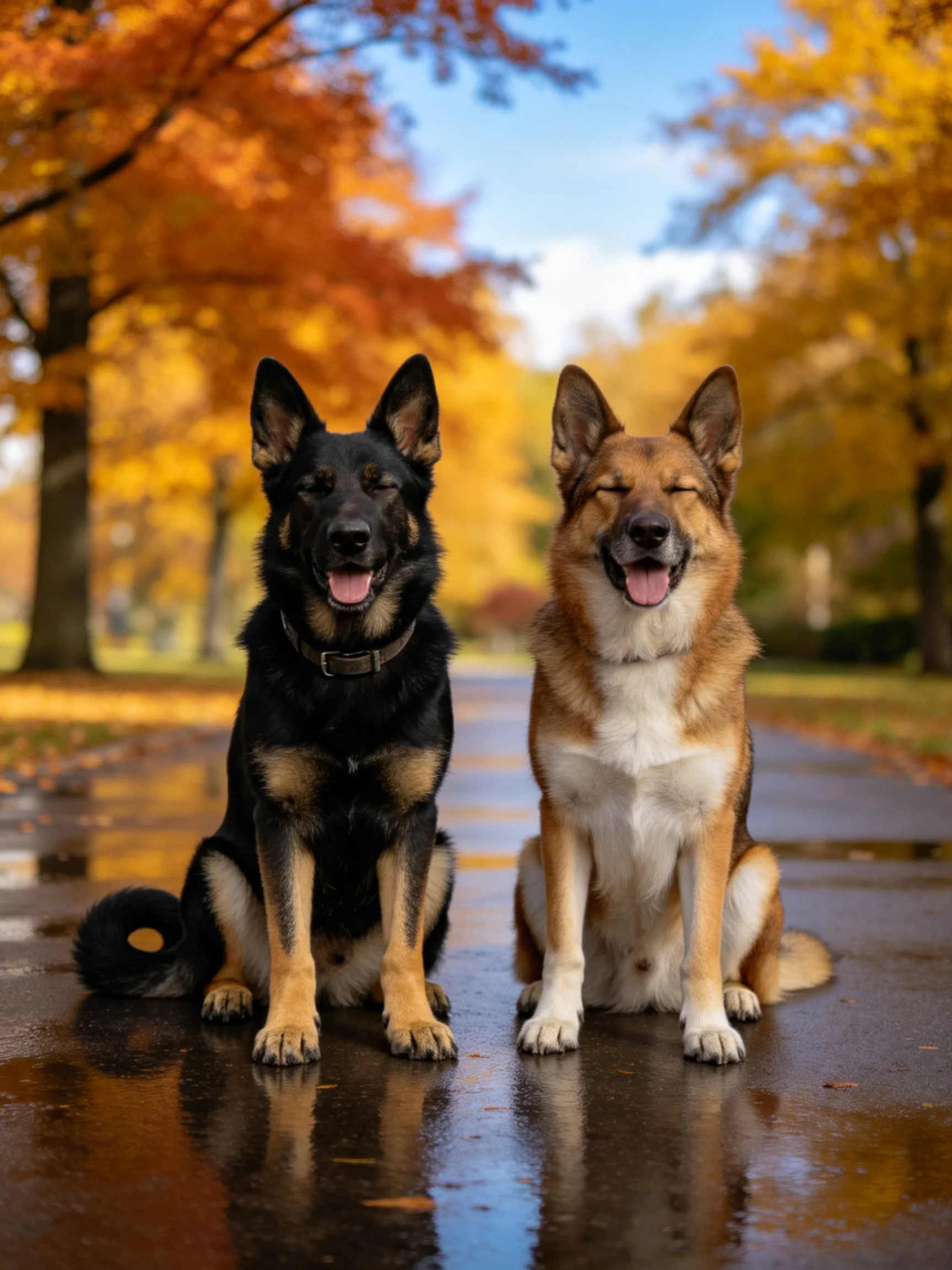 Two German Shepherd dogs sit calmly on a wet path during autumn.
