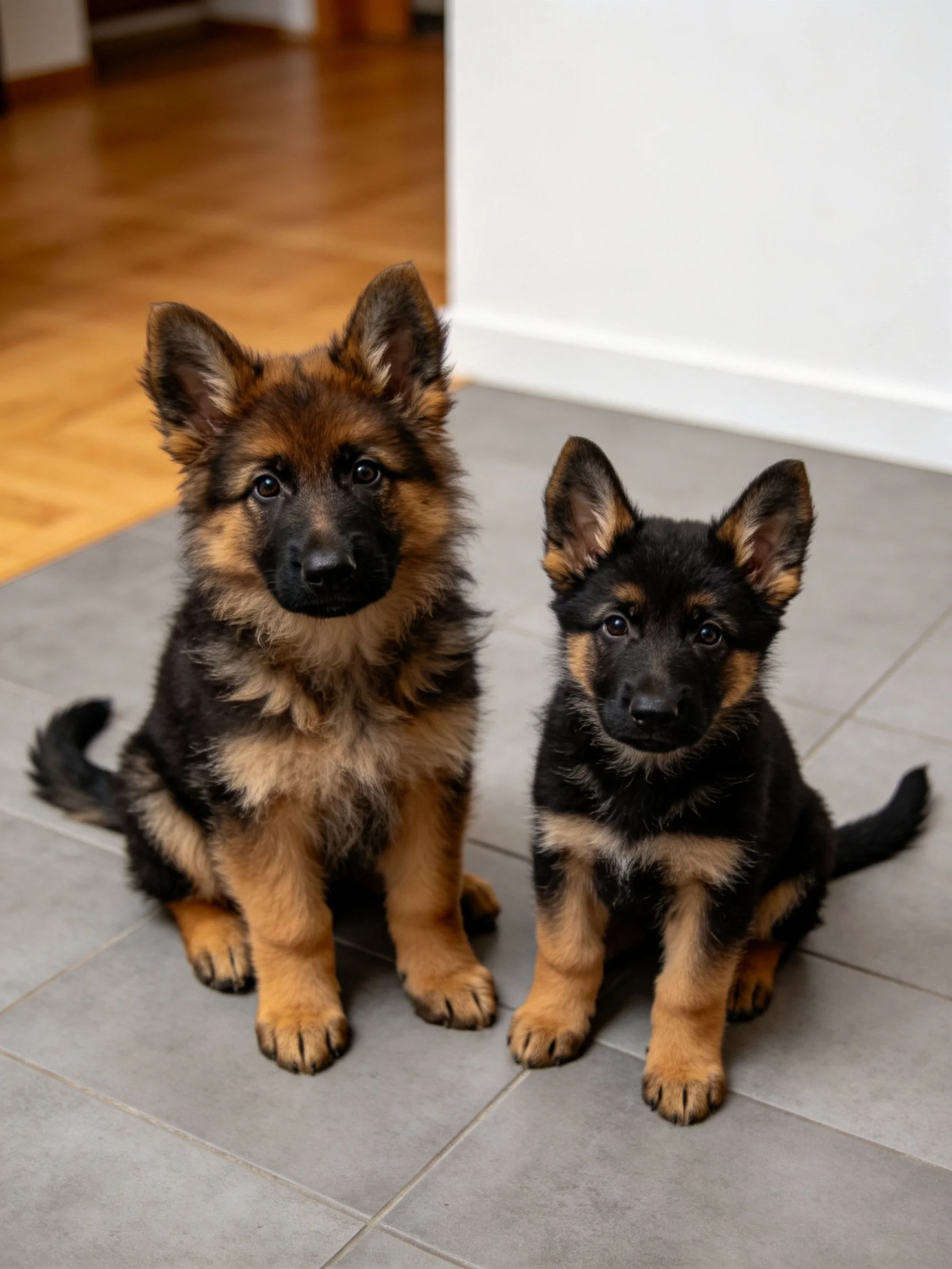 Two young German Shepherd puppies rest beside each other on a tiled surface.