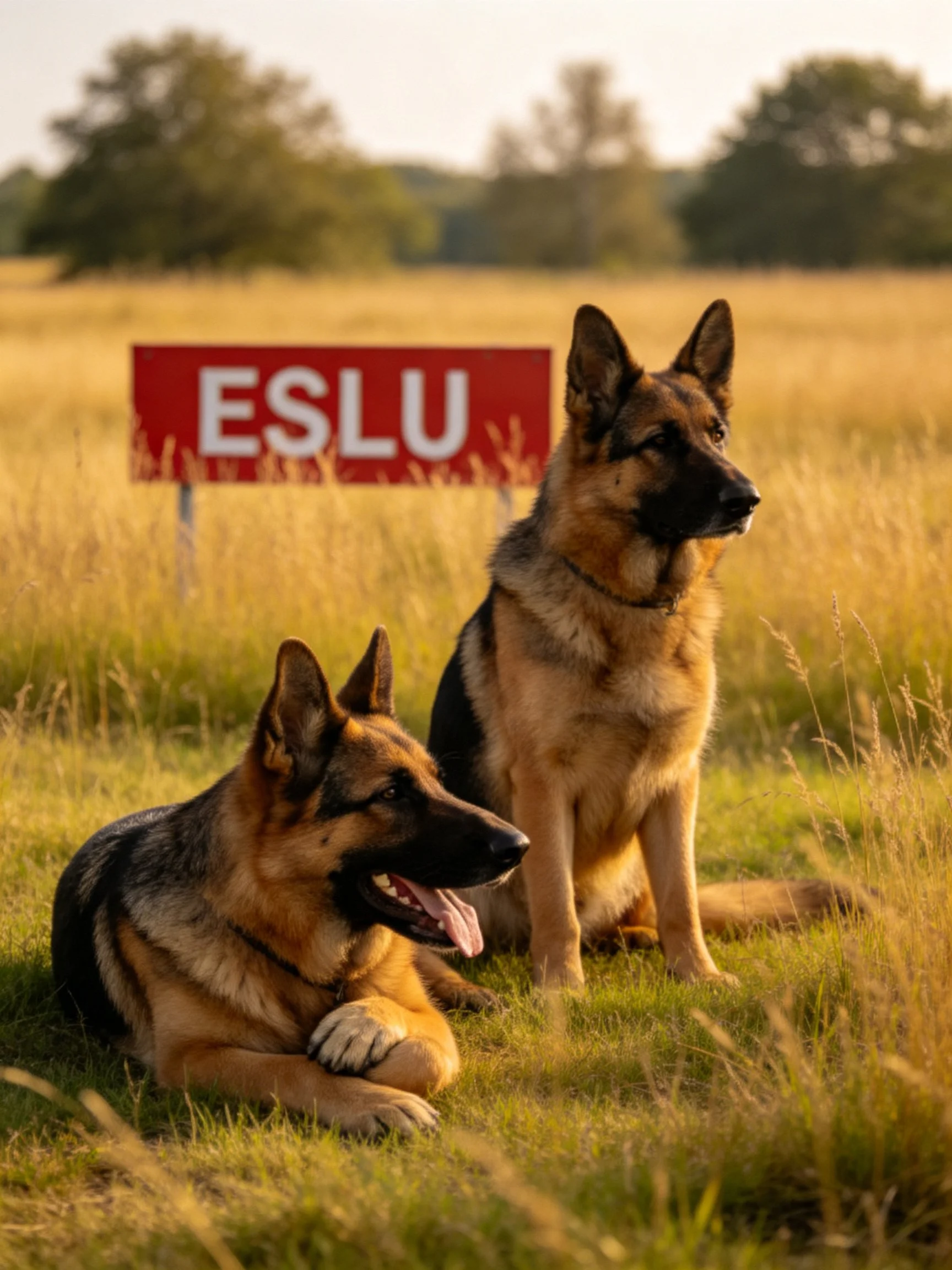 Two German Shepherds rest near a red ESLU sign in a sunlit field.