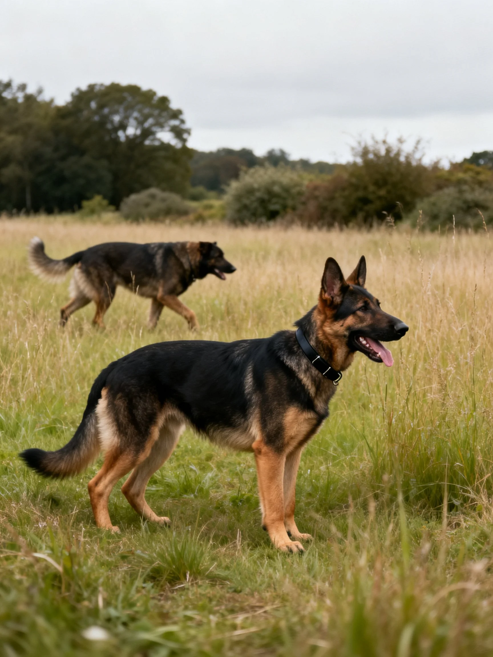 Two German Shepherds explore a grassy field with trees in the distance