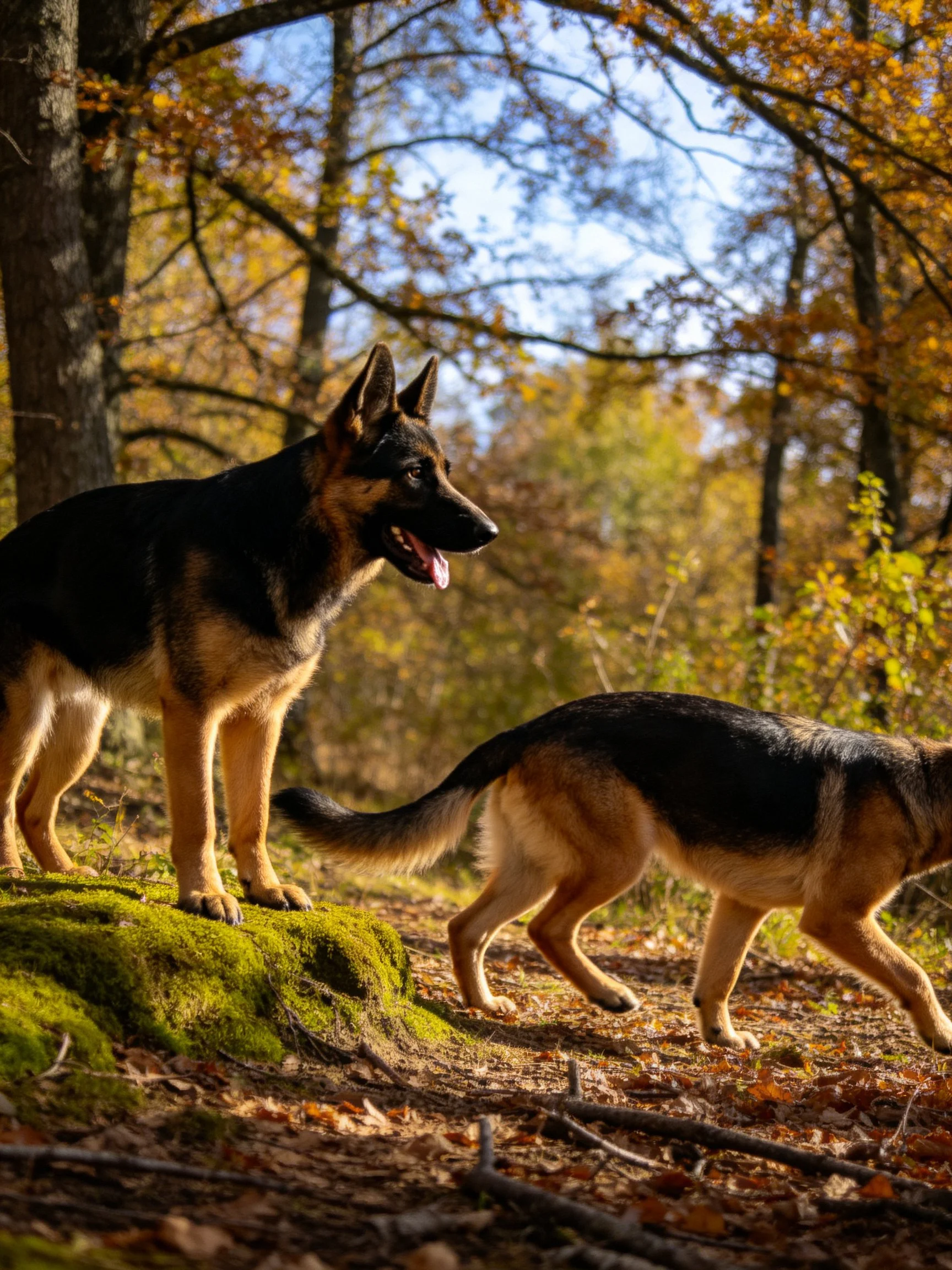 Two German Shepherds explore a sunlit autumn forest trail