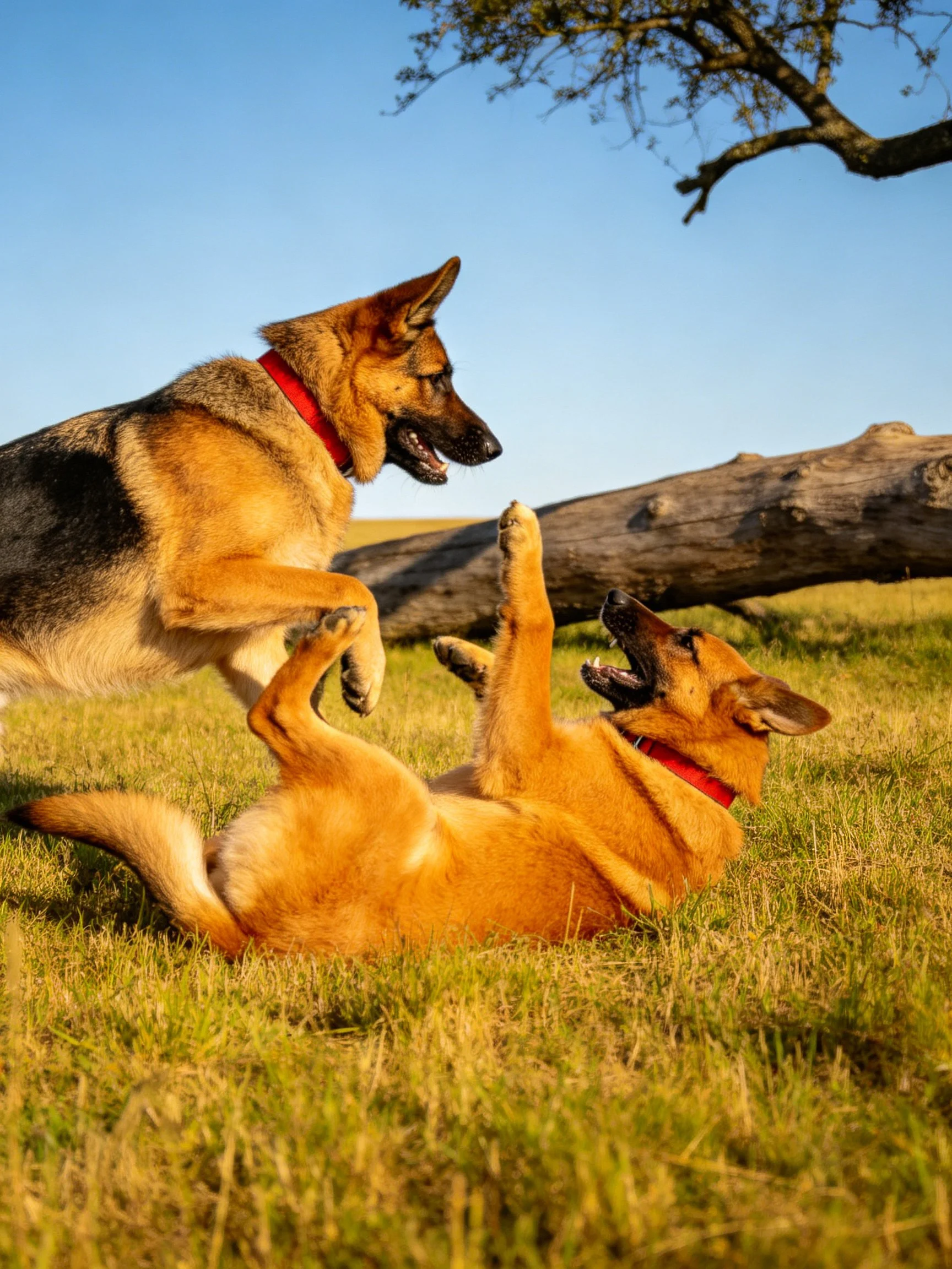 Two German Shepherds interact playfully in a sunny grassy area