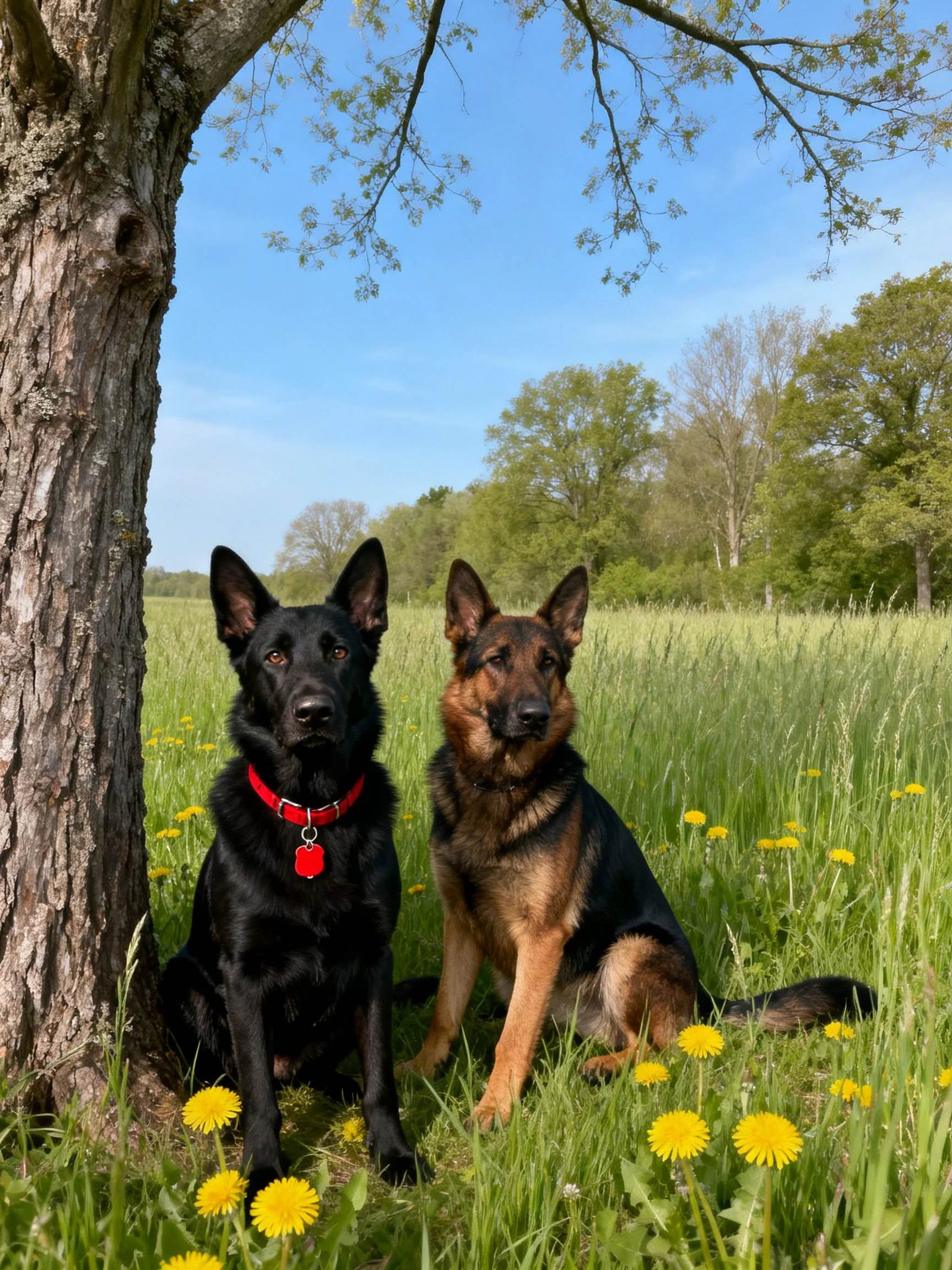 Two German Shepherds sit near a tree in a sunny meadow.