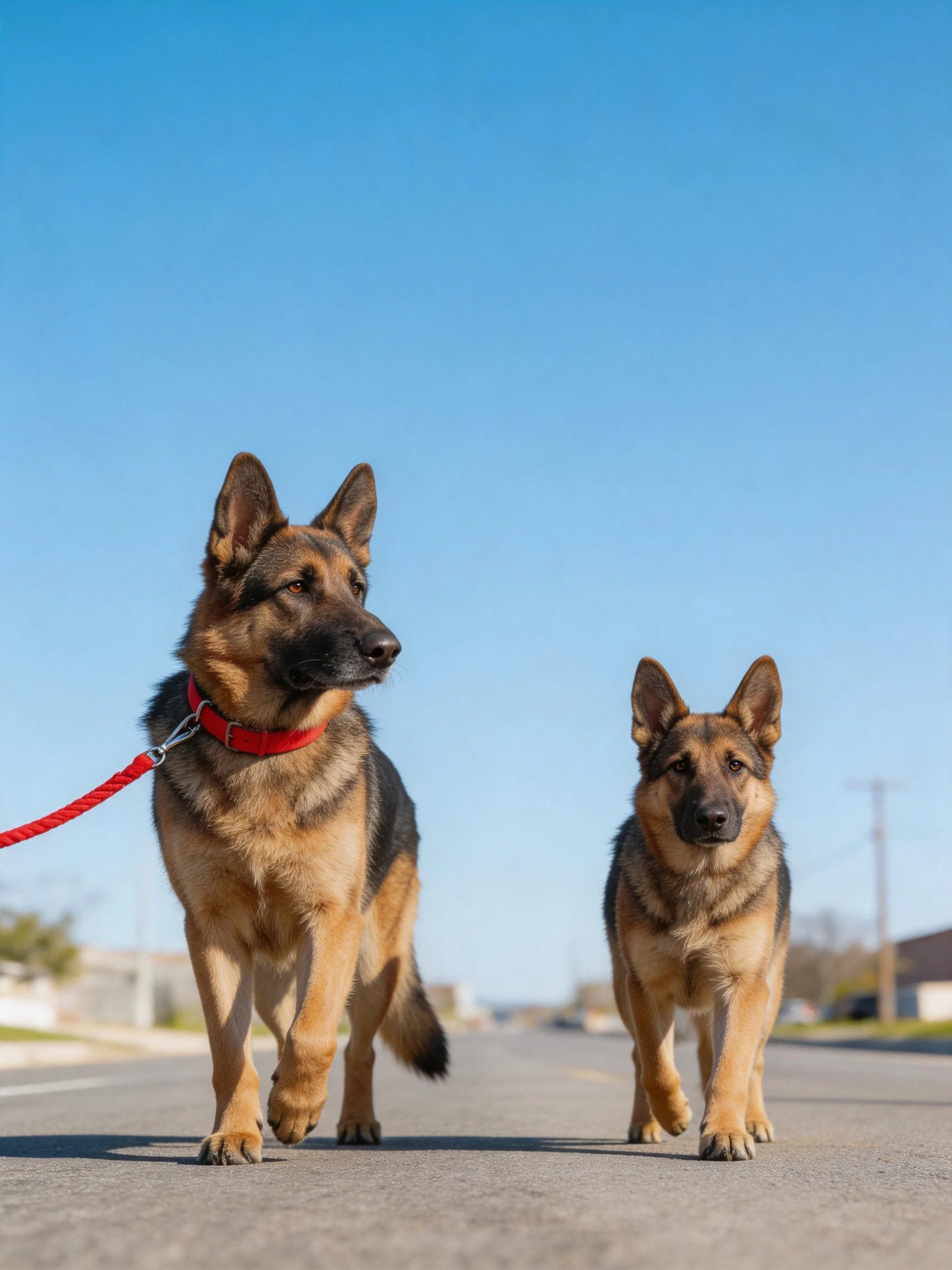 Two German Shepherd dogs walk together on a sunny road.