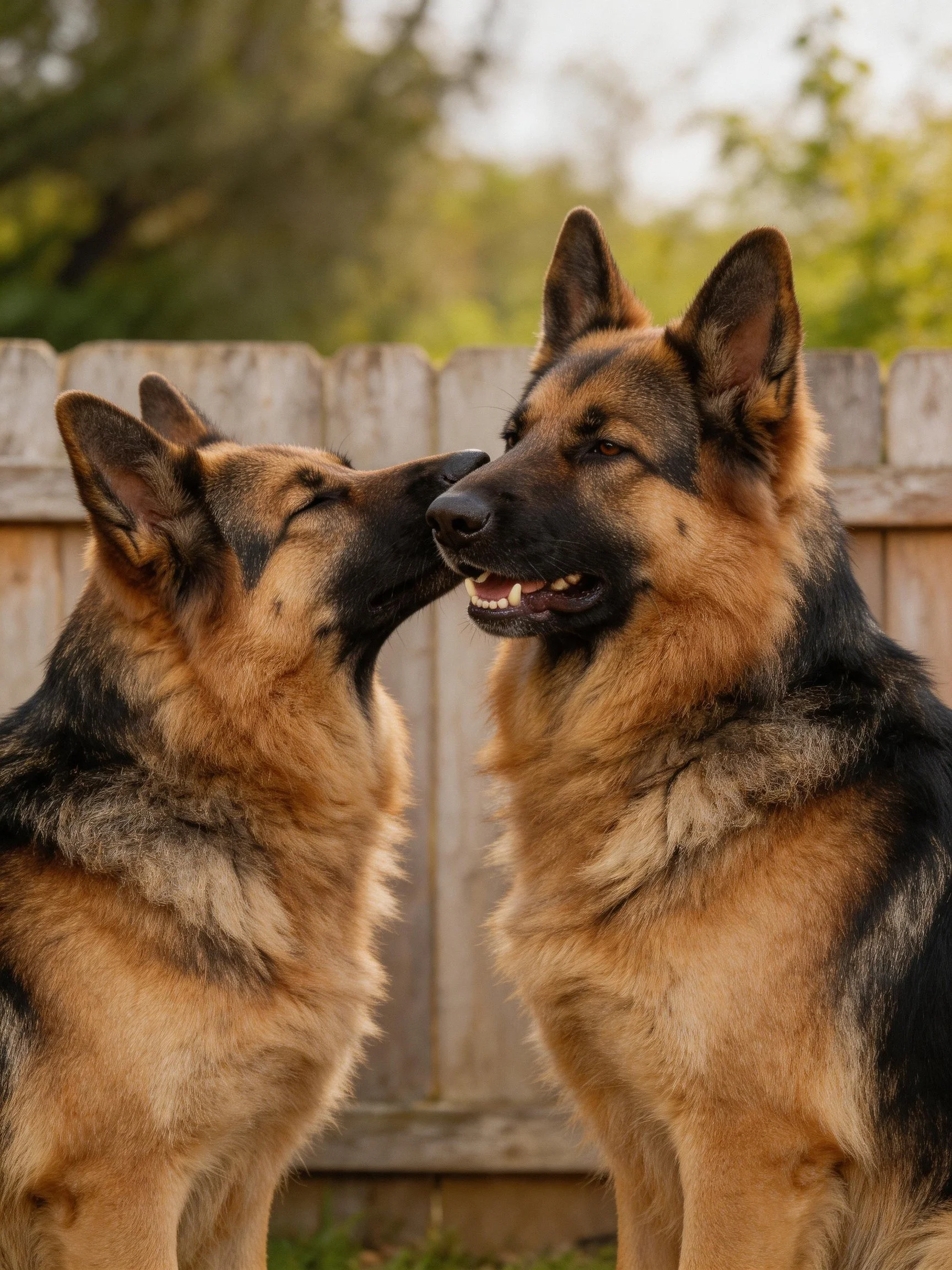 Two German Shepherd dogs interact closely next to a wooden fence.
