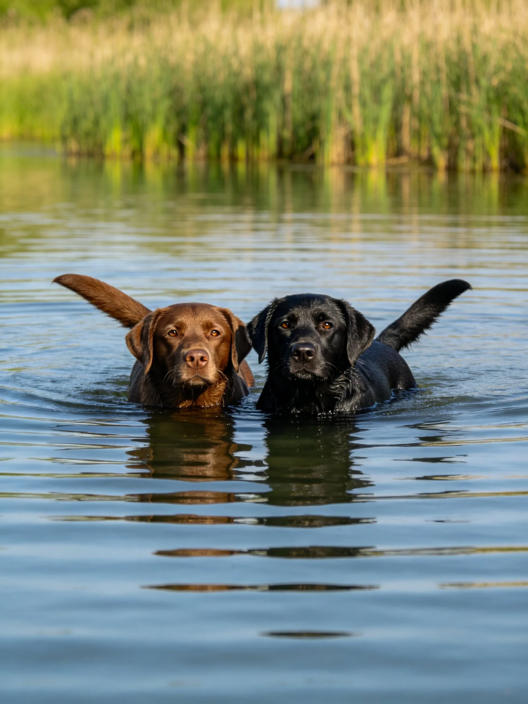 Two Labrador Retrievers swim side by side in calm water near tall reeds