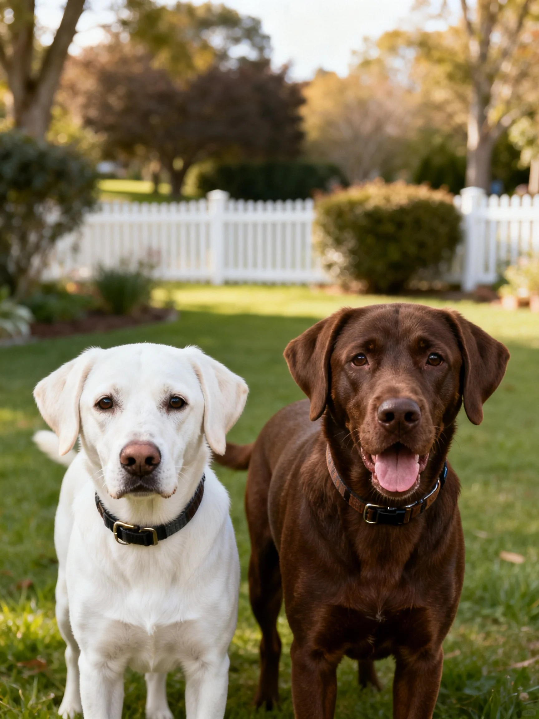 Two Labradors of contrasting colors stand in a fenced backyard