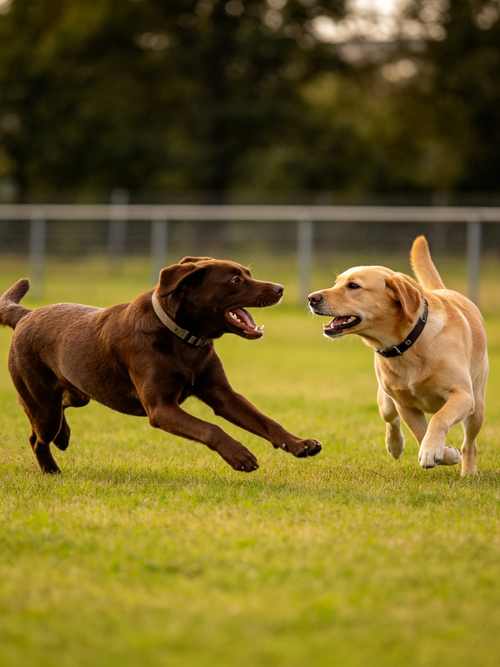 Two Labradors, one chocolate brown, one golden, play on a green grassy field