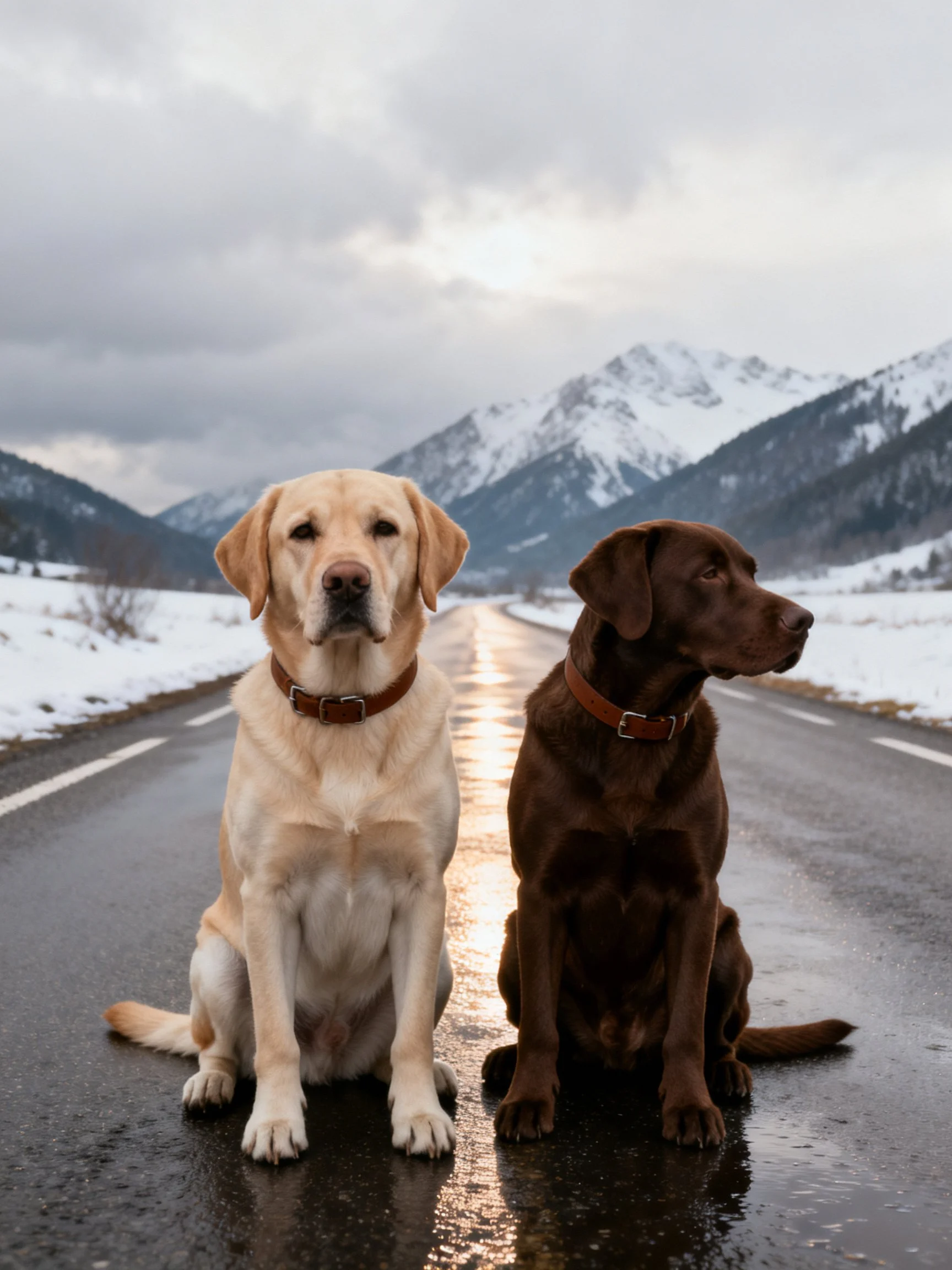 Two Labradors, one cream and one chocolate, sit on a wet road with snowy mountains