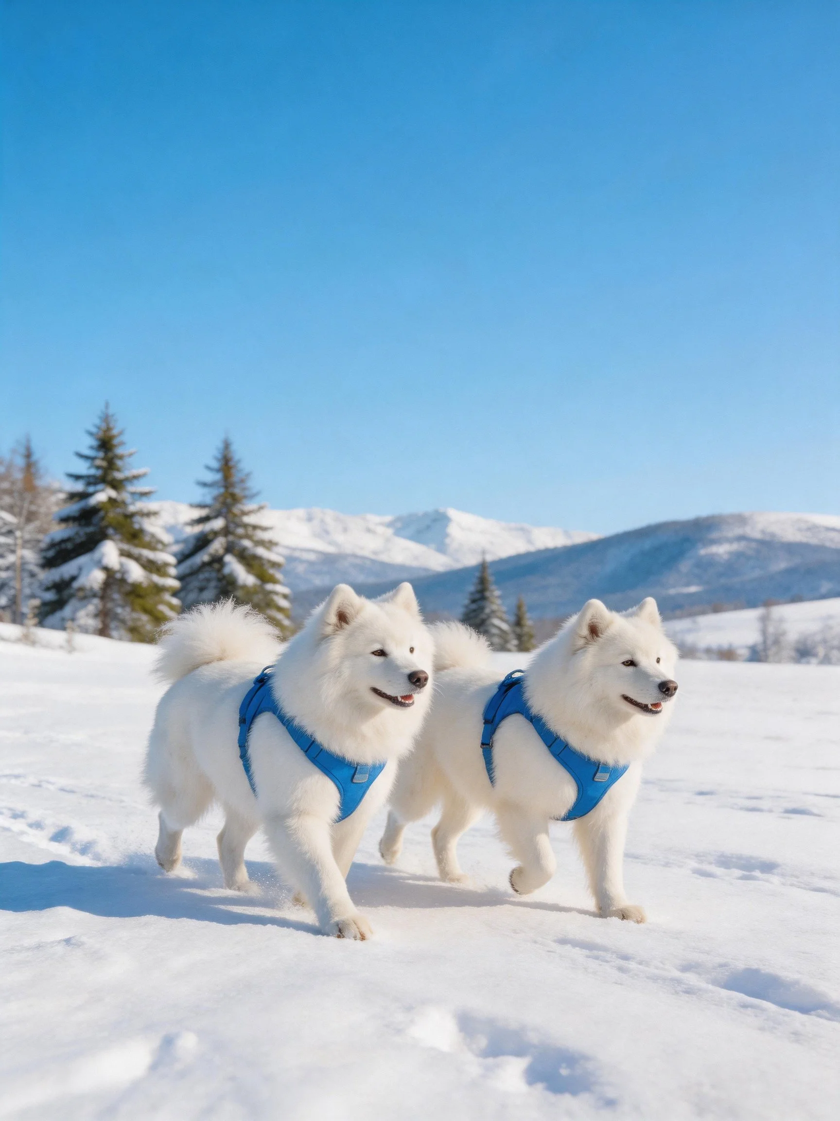 Two Samoyed dogs in blue harnesses walk through snow