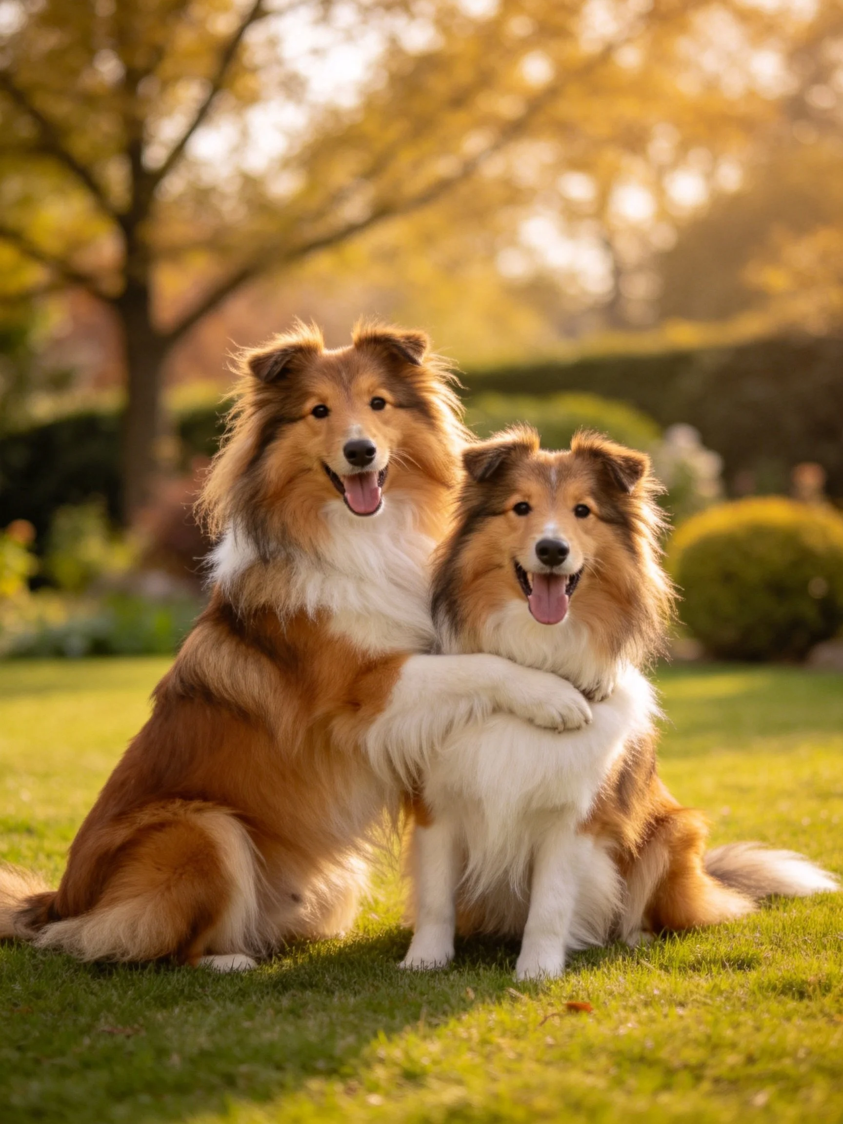 Two Sheltie dogs sit together happily in a sunlit garden.