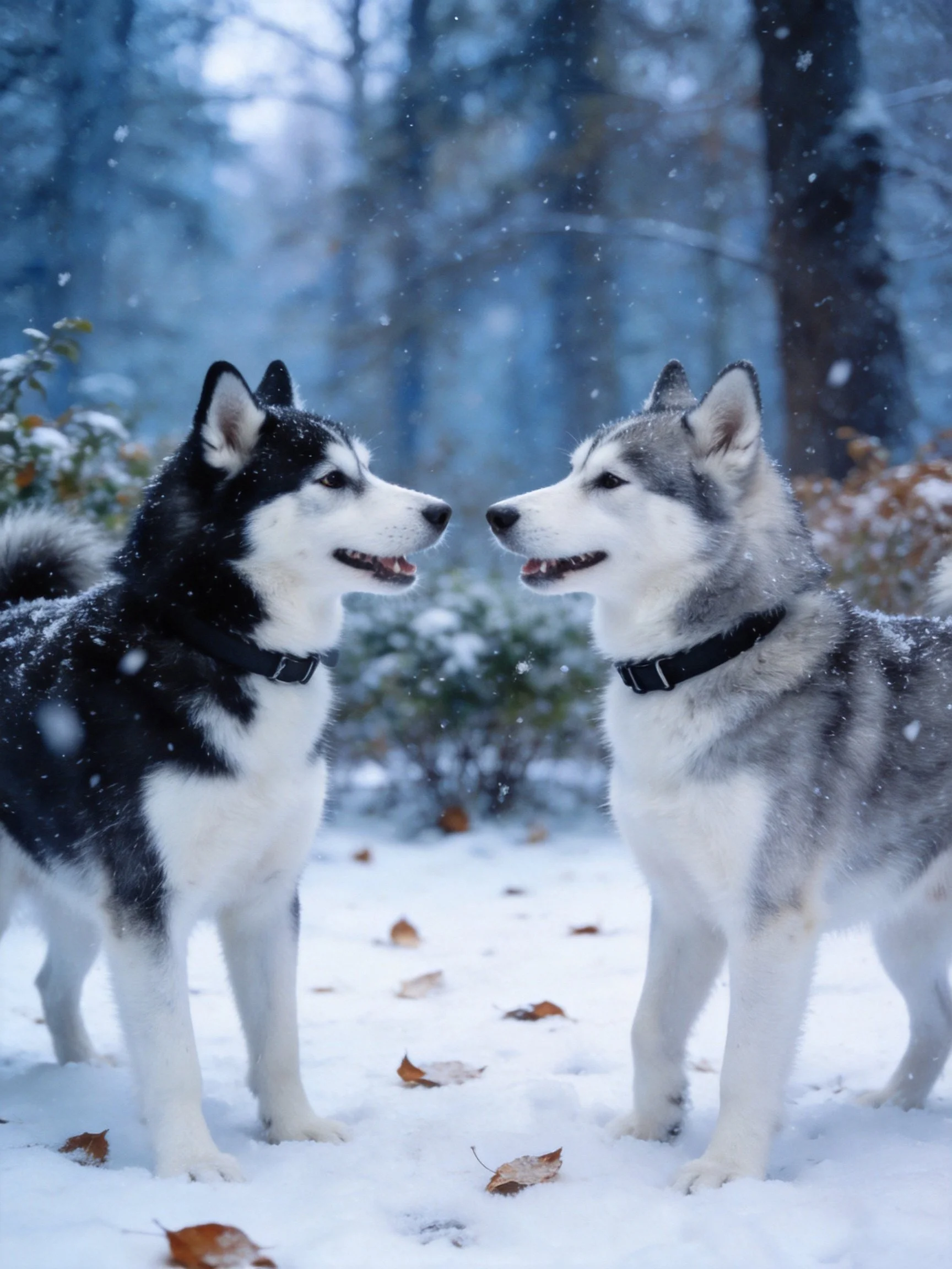 Two Siberian Huskies face each another in a snowy forest setting.