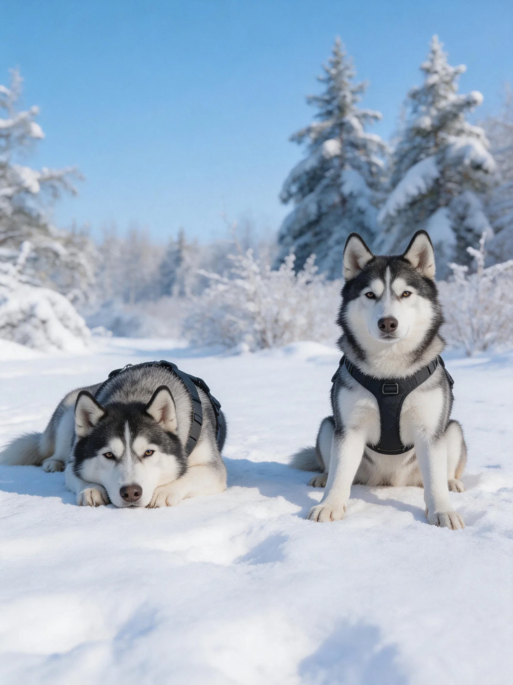 Two Siberian Huskies relax in a snowy forest setting.