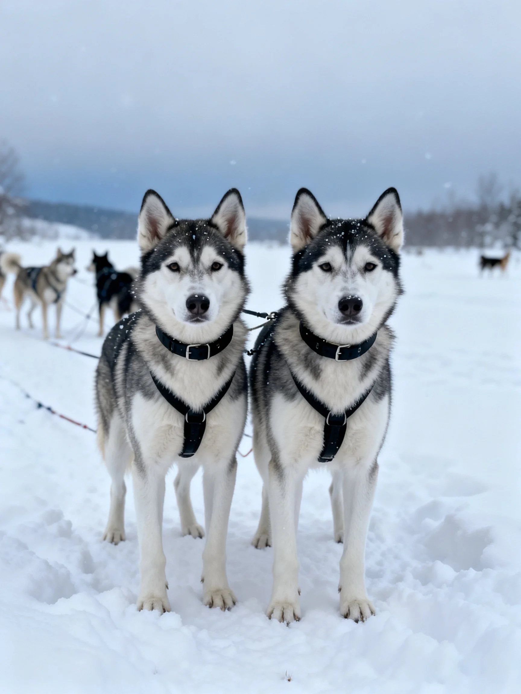 Siberian Huskies are prominently positioned in a snowy setting with other sled dogs visible in the background.