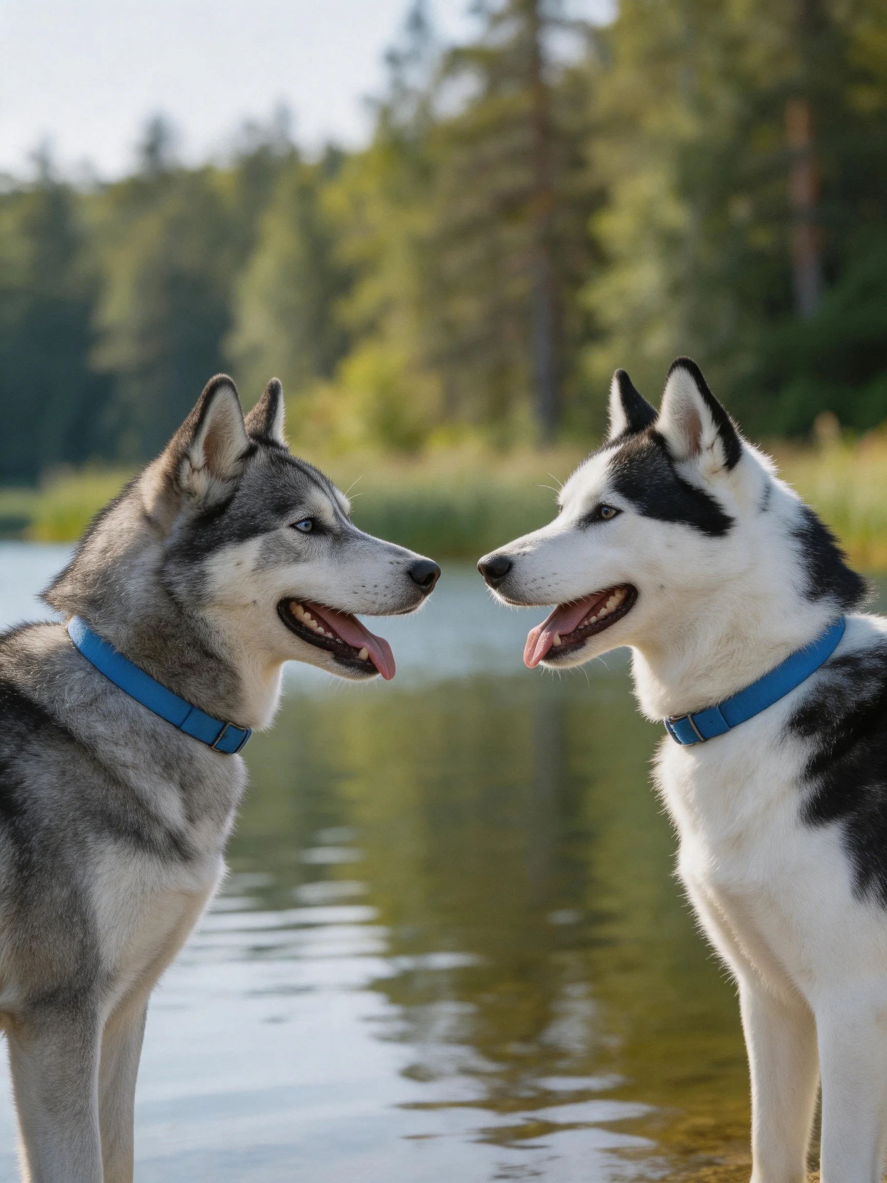 Two Siberian Huskies interact near a calm lake with greenery in the background.