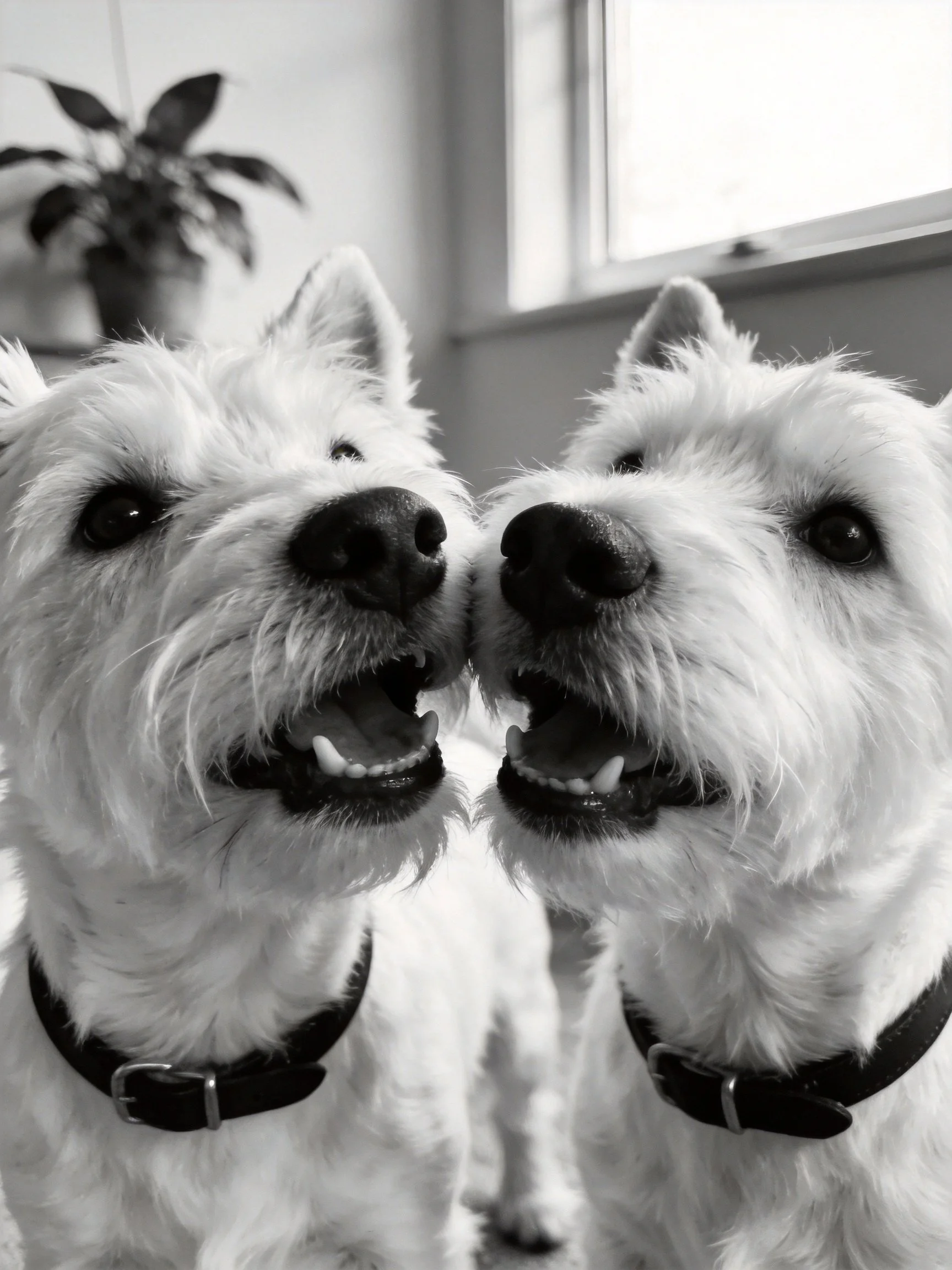 Two West Highland White Terriers nuzzling closely in a black and white photo